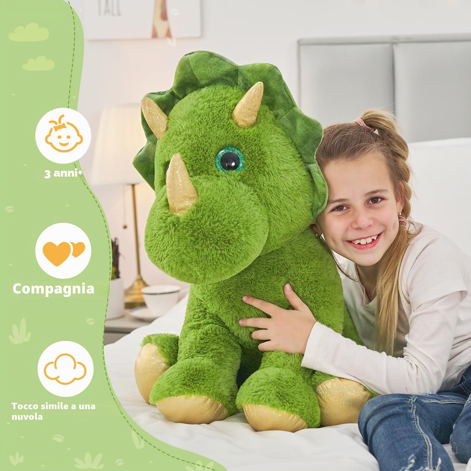 MorisMos Dinosauro Peluche Grande Verde, 62 cm XXL Triceratopo Giocattolo di Peluche Grande Kawaii Morbido, Idee Regalo Natale per Bambini Ragazze Ragazzi Compleanno Decorazioni