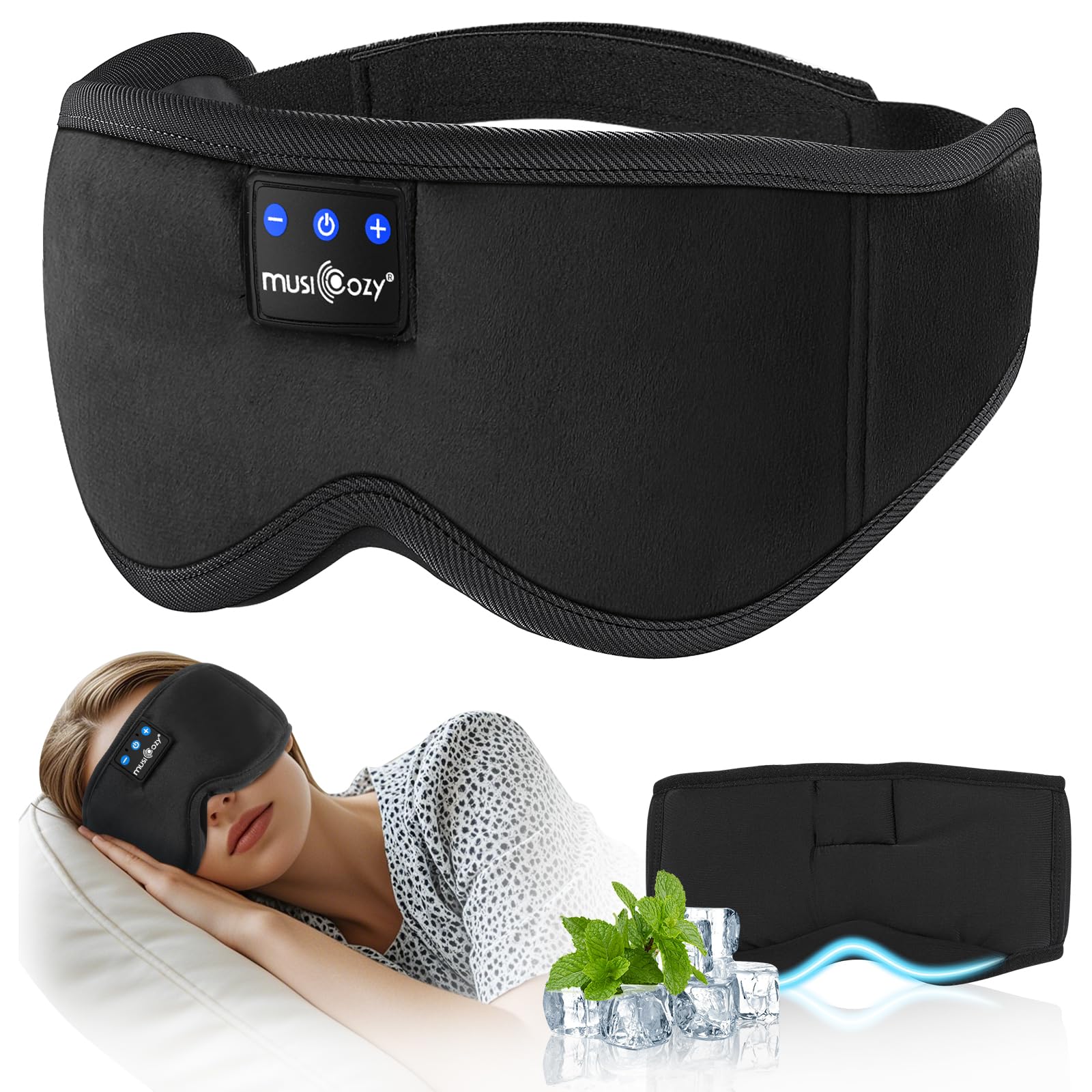MUSICOZY Schlafmaske Kopfhörer 100% Schatten Bluetooth 5.4 Schlafkopfhörer | Bequeme Kopfhörer zum Schlafen,Reisen & Seitenschläfer. Mit 16H Spielzeit & Komfortablem Sitz. Geschenk Für Männer & Frauen.