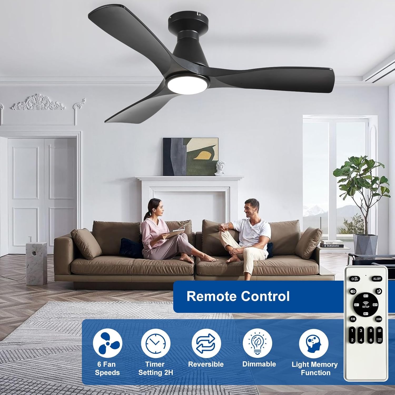 Depuley Ventiladores de techo de 42 pulgadas con luz: Ventilador de techo de perfil bajo con 3 aspas, para empotrar en la cocina - Ventilador para interior y exterior con mando a distancia,Negro