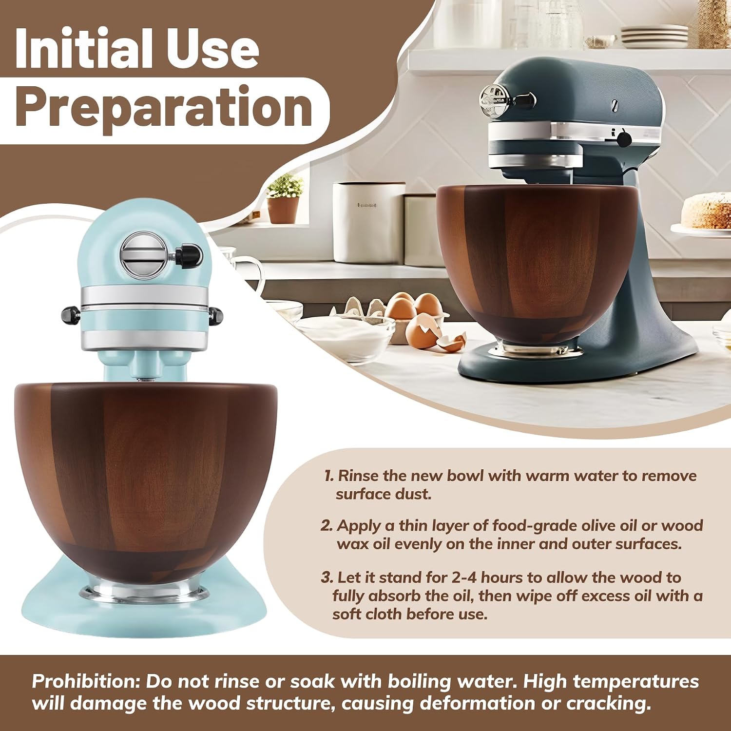 Premium Wood Mixing Bowl, Natural True Wooden Bowls Compatible with KitchenAid 4.5 & 5 QT Tilt-Head Models, Wooden Bowl for Mixer with Stainless Steel Locking Base, 5QT