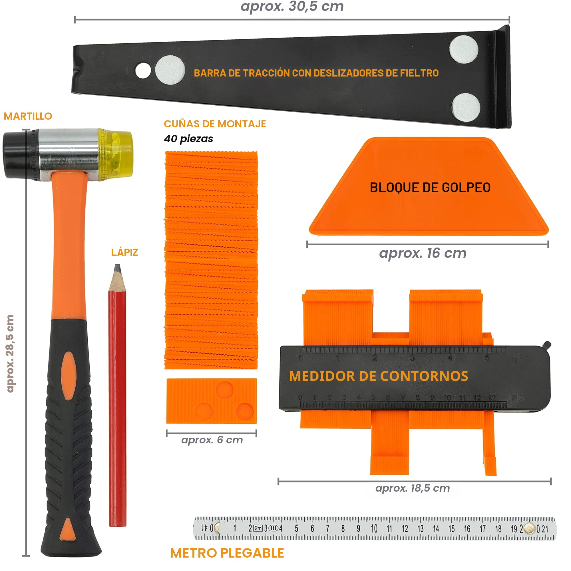 Hinrichs Kit de Colocación de Suelo Laminado - Juego Completo de 46 Piezas - Kit Instalación Suelo Laminado y Herramientas de Colocación de Suelos - Colocación de Laminado