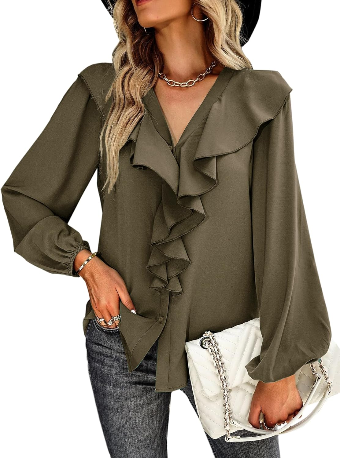 Vrtige Women's V Neck Ruffle Front Button Down Long Sleeve Blouse Top Shirt - Image 3