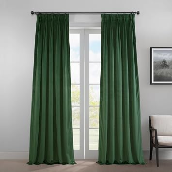 HPD Half Price Drapes Heritage Plush Velvet Curtains for Bedroom 1 Panel 25 X 84 Pinch Pleat Room Darkening Curtains for Living Room, Eden Green