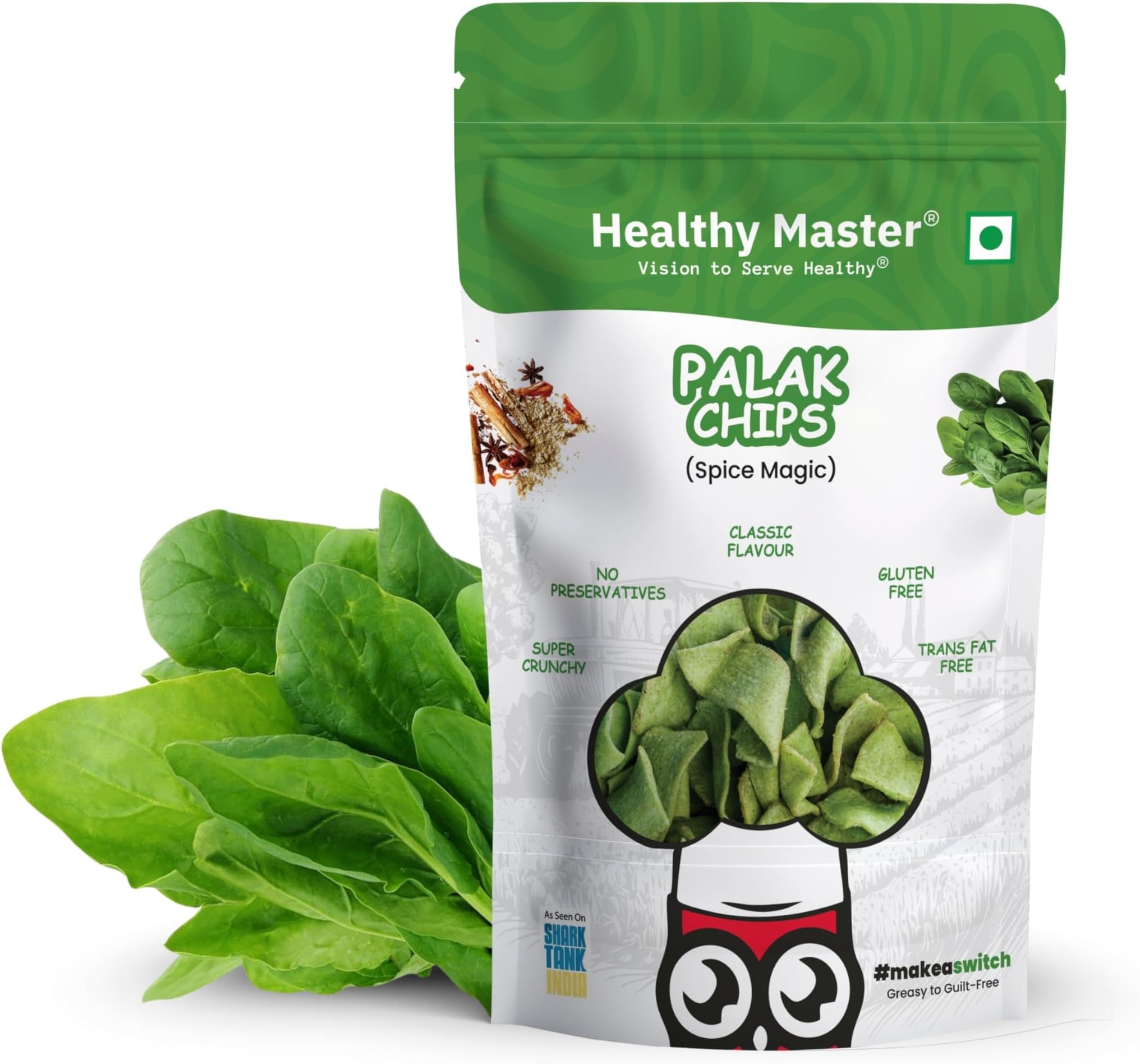 Healthy Master Palak Chips 200g - Light & Crispy Chips, High protein | Natural ingredients, Vegan, Gluten Free, No Palm Oil, No Artificial Preservatives, Trans Fat Free, Low Calorie