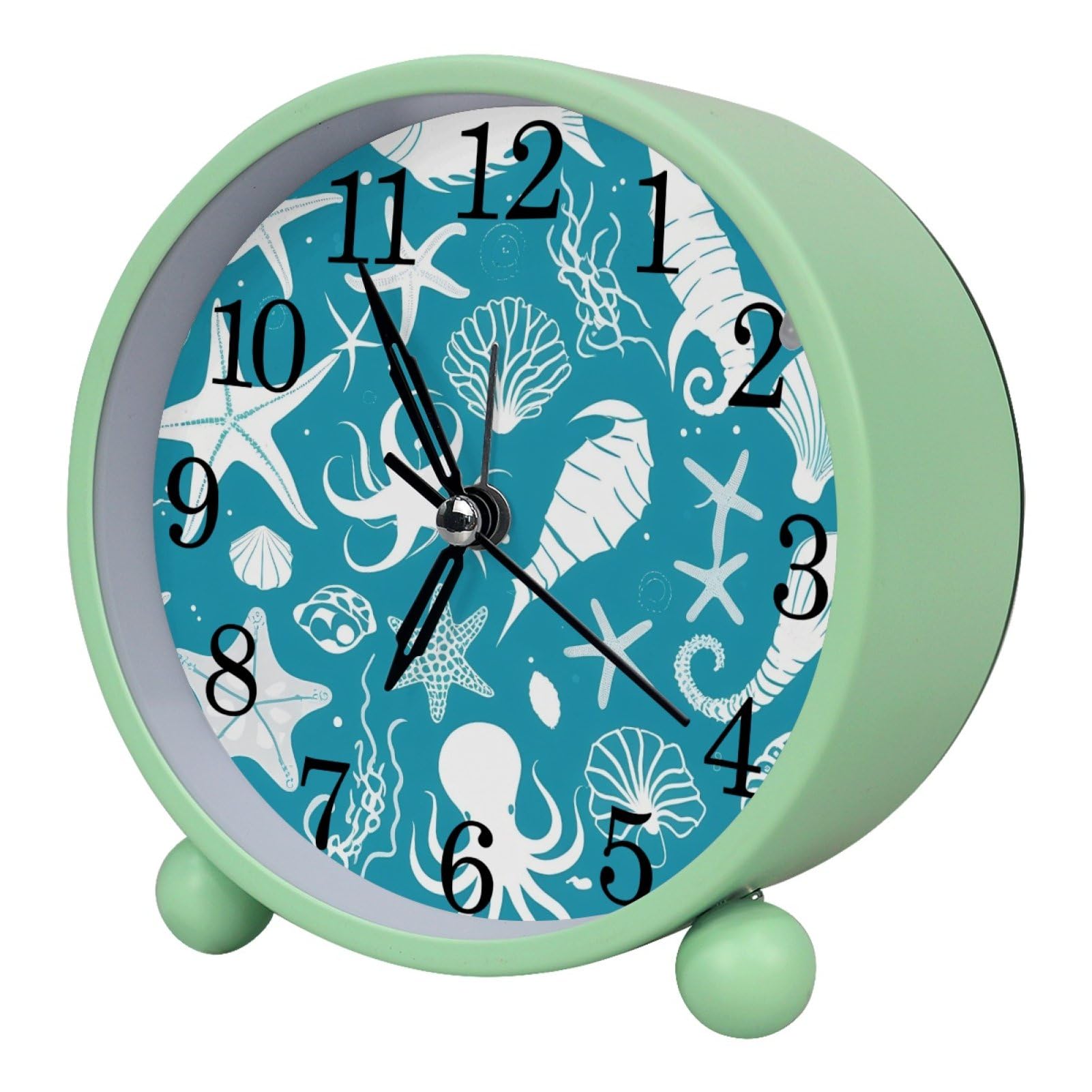 etoenbrc Ocean Starfish Octopus Shell Round Battery Operated Bedside Alarm Clock Non-Ticking Desktop Silent Analog Alarm Clock with Light