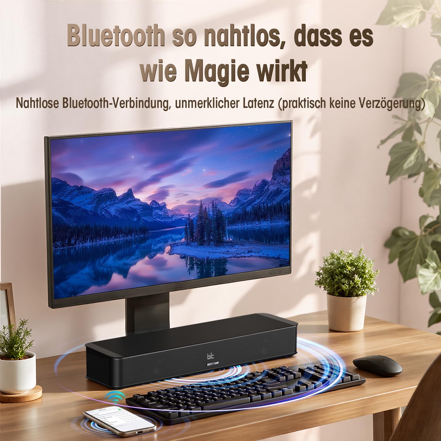 BESTISAN Soundbar für tv, 2.1 Soundbar mit HDMI eARC, AUX, optischem Eingang, USB-Wiedergabe für PC/Gaming/Projektoren, 16,5 Zoll