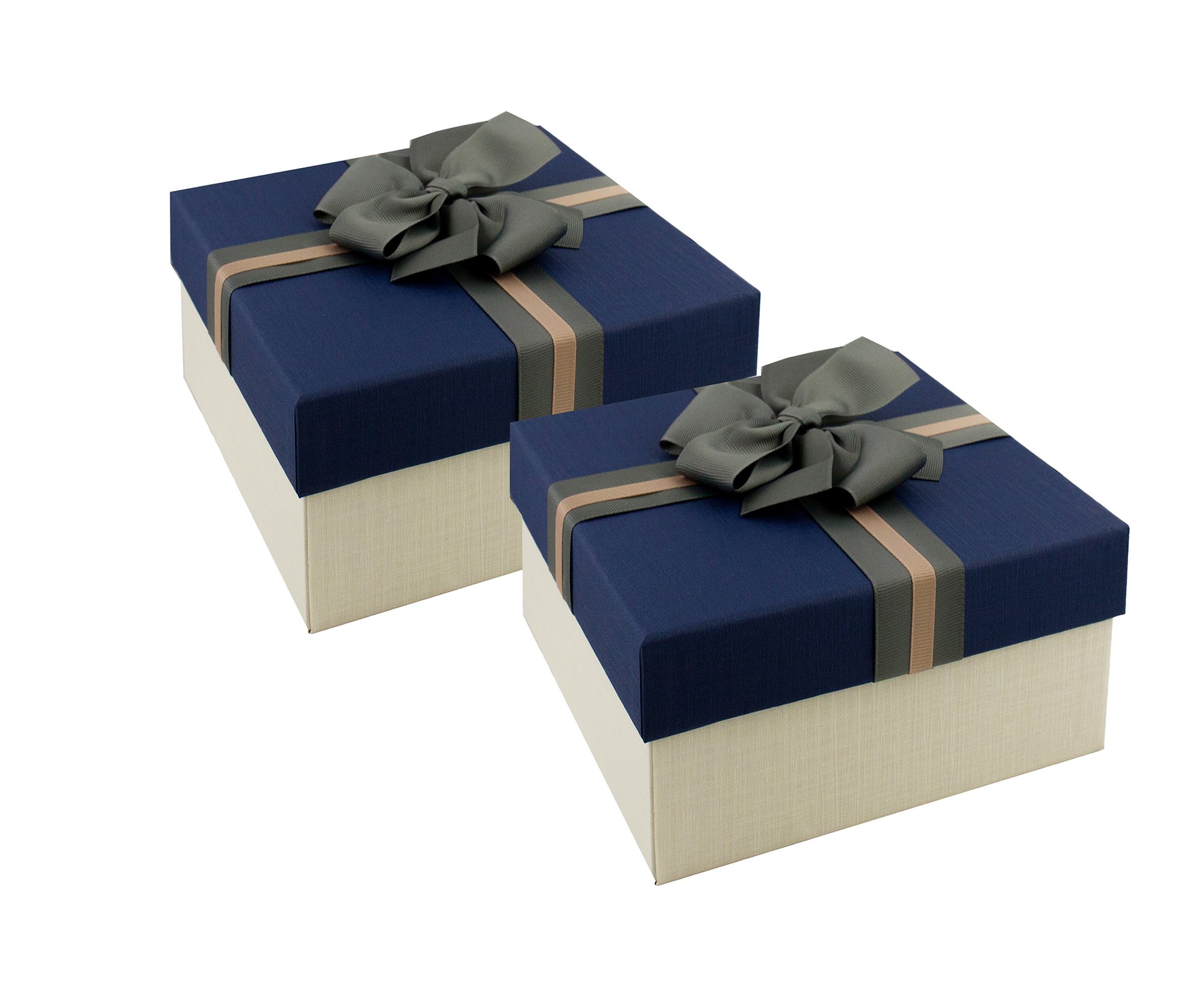 Emartbuy Set of 2 Gift Box, 23.5 x 23.5 x 10 cm, Cream Box with Blue Lid and Striped Bow Ribbon โ image 1