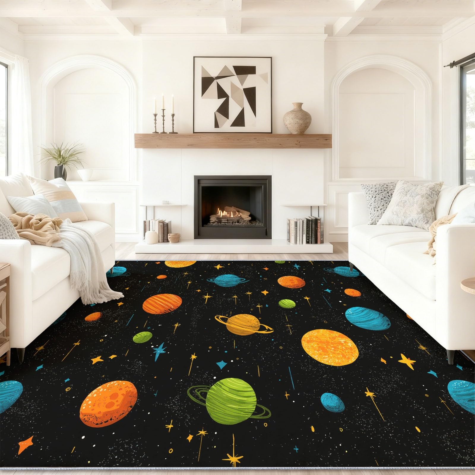 Alfombra lavable a máquina, antideslizante, 120 x 180 cm, alfombra Sci-Fi, lúdica, planetas, suelo de pelo bajo, suave, diseño para habitación infantil, cuarto de baño, habitación de bebé, decoración