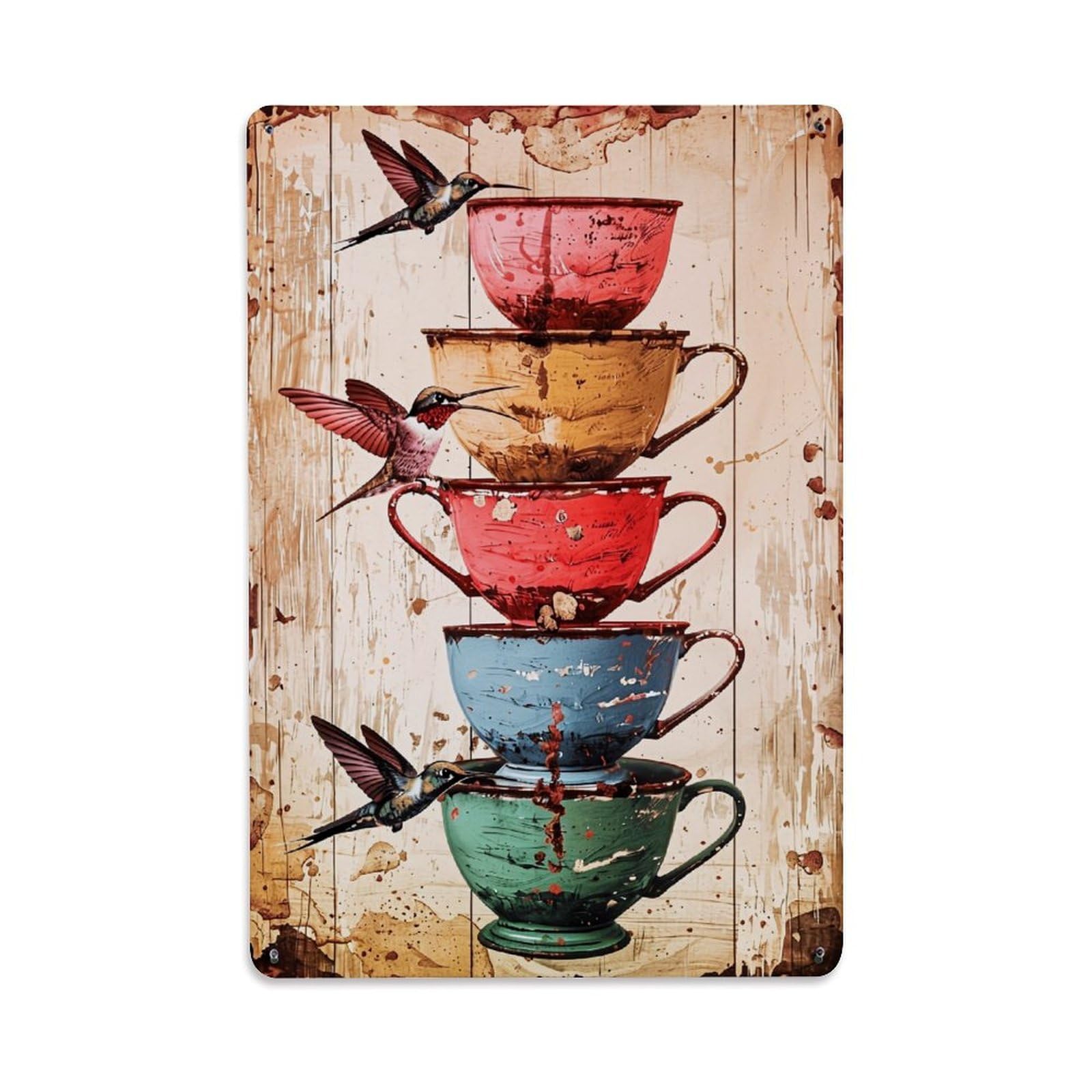 Jdfenggu Vintage Stacked Cups Birds Wood Background Retro Metal Tin Sign, Decor Art Poster For Bar, Home, Man Cave, Kitchen, Laundry Room Gift 8X12inch