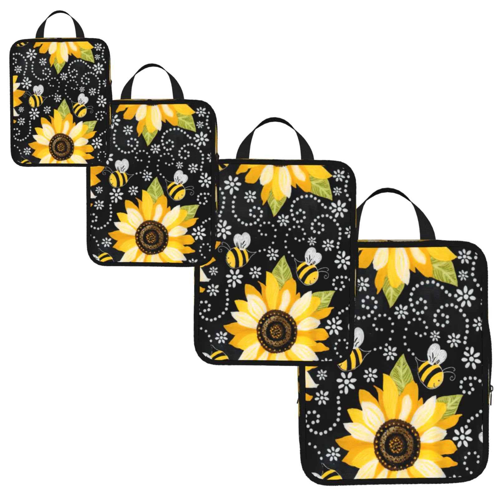 Sunflower bee Print 4 Set Compression Packing Cubes for Suitcases,Expandable Storage Bag Organizers