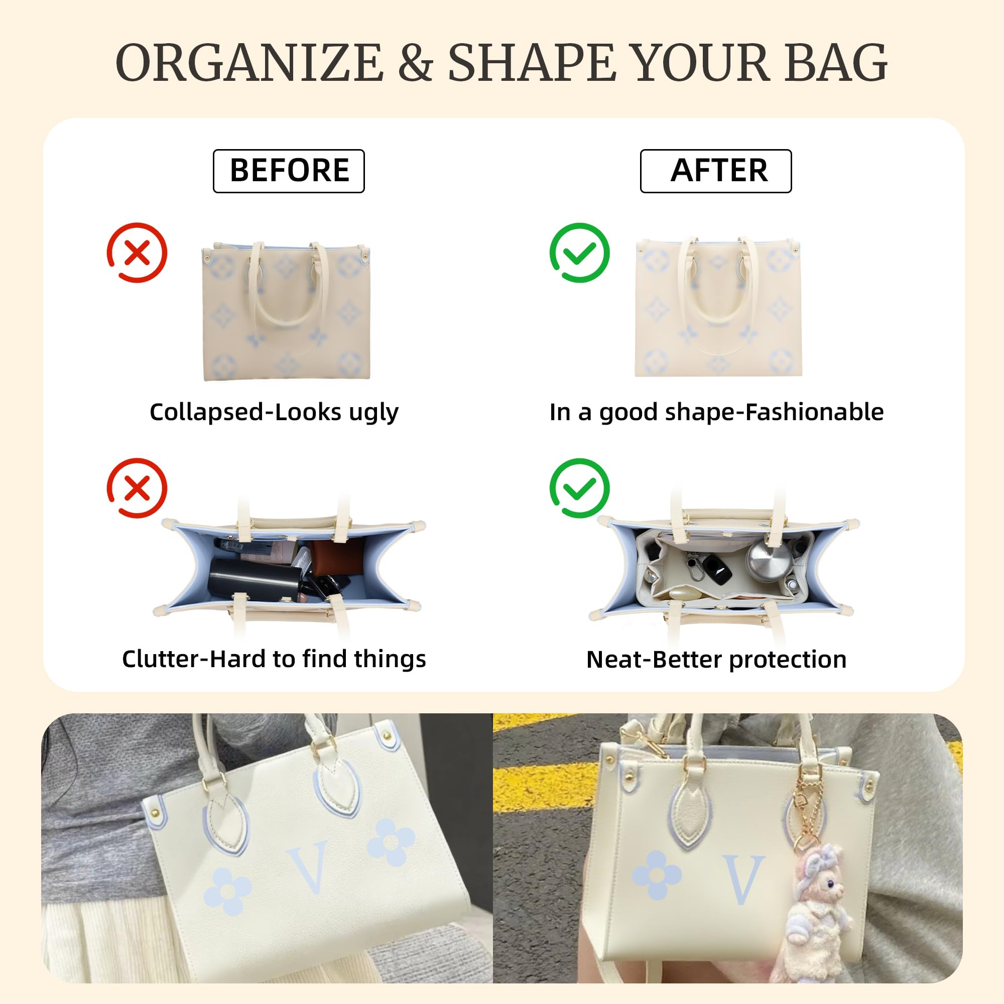 Geldbörsen-Organizer-Einsatz, seidig-glatter Handtaschen- und Tragetaschenformer in 8 Größen, passend für Longchamp, Neverful, Gyard und weitere Taschen(Groß-Creme)