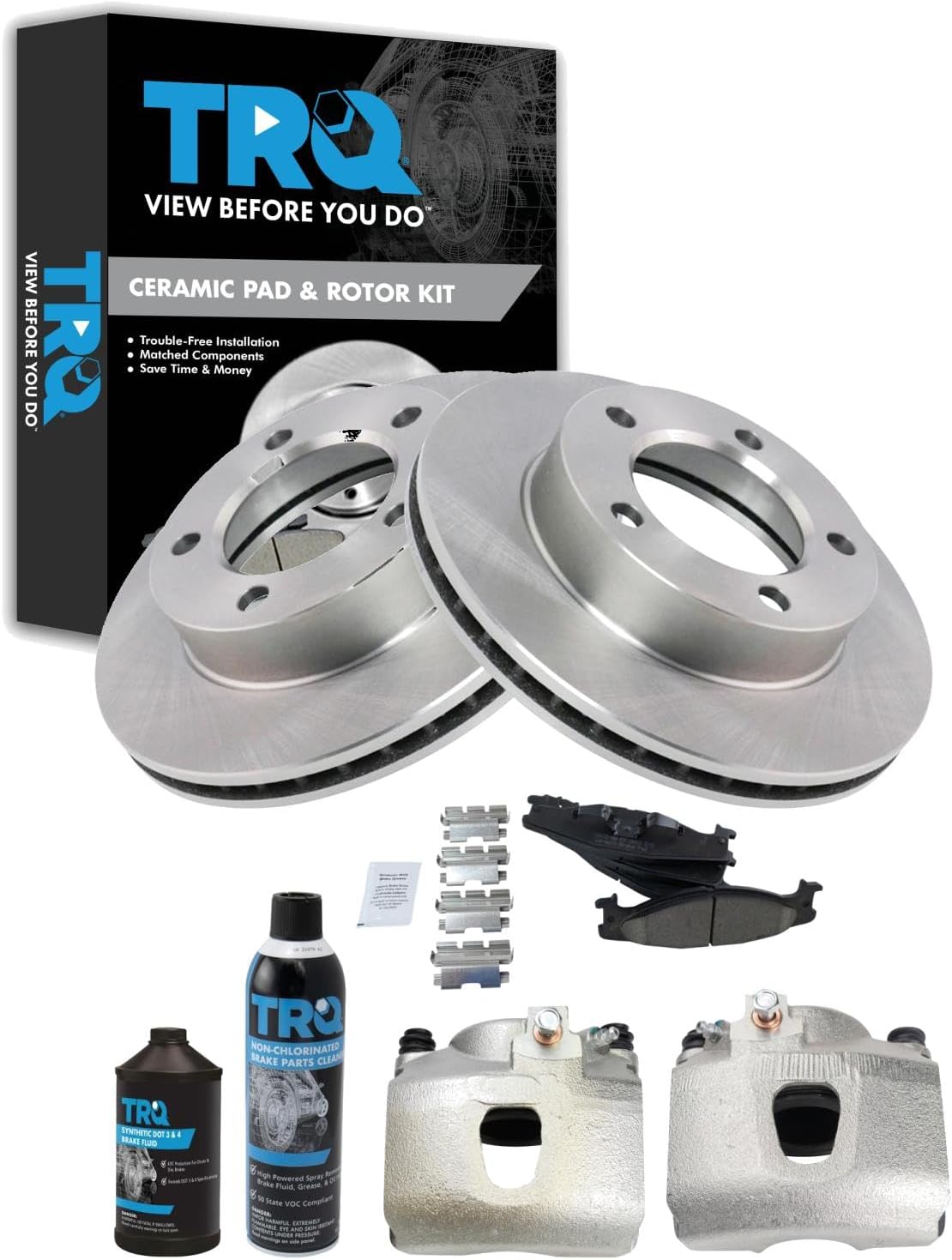 TRQ Front Brake Pad & Rotor Kit Brake Caliper Brake Chemical Kit Brake Pads Brake Rotor Ceramic Compatible with 1994-1996 Ford Bronco F-150