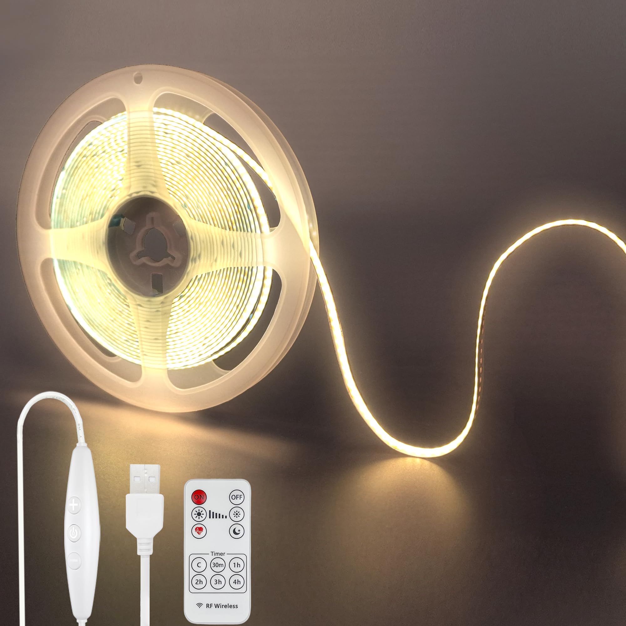 Clearhill 5V USB COB LED Strip Lights with Remote Dimmable Switch 2packs,16.4FT/5M,Natural White 4000K,320LEDs/M,8mm Width,Not Waterproof IP20,1.5M USB Switch Cable,for DIY Home Indoor Decoration