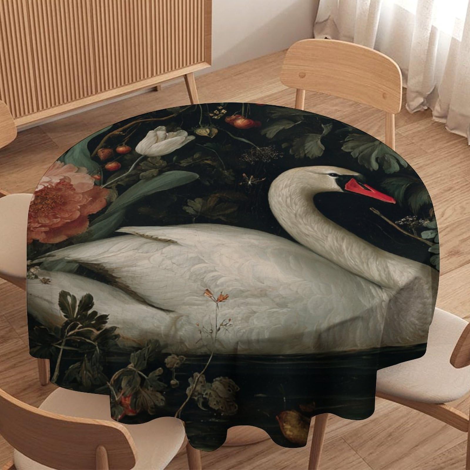 LUYYSKY Classic Watercolor Elegant Swan Waterproof Round Tablecloth Mid Century Retro William Morris Floral Animal Swan Washable Table Cover for Kitchen-177.8" Wx177.8 L cm