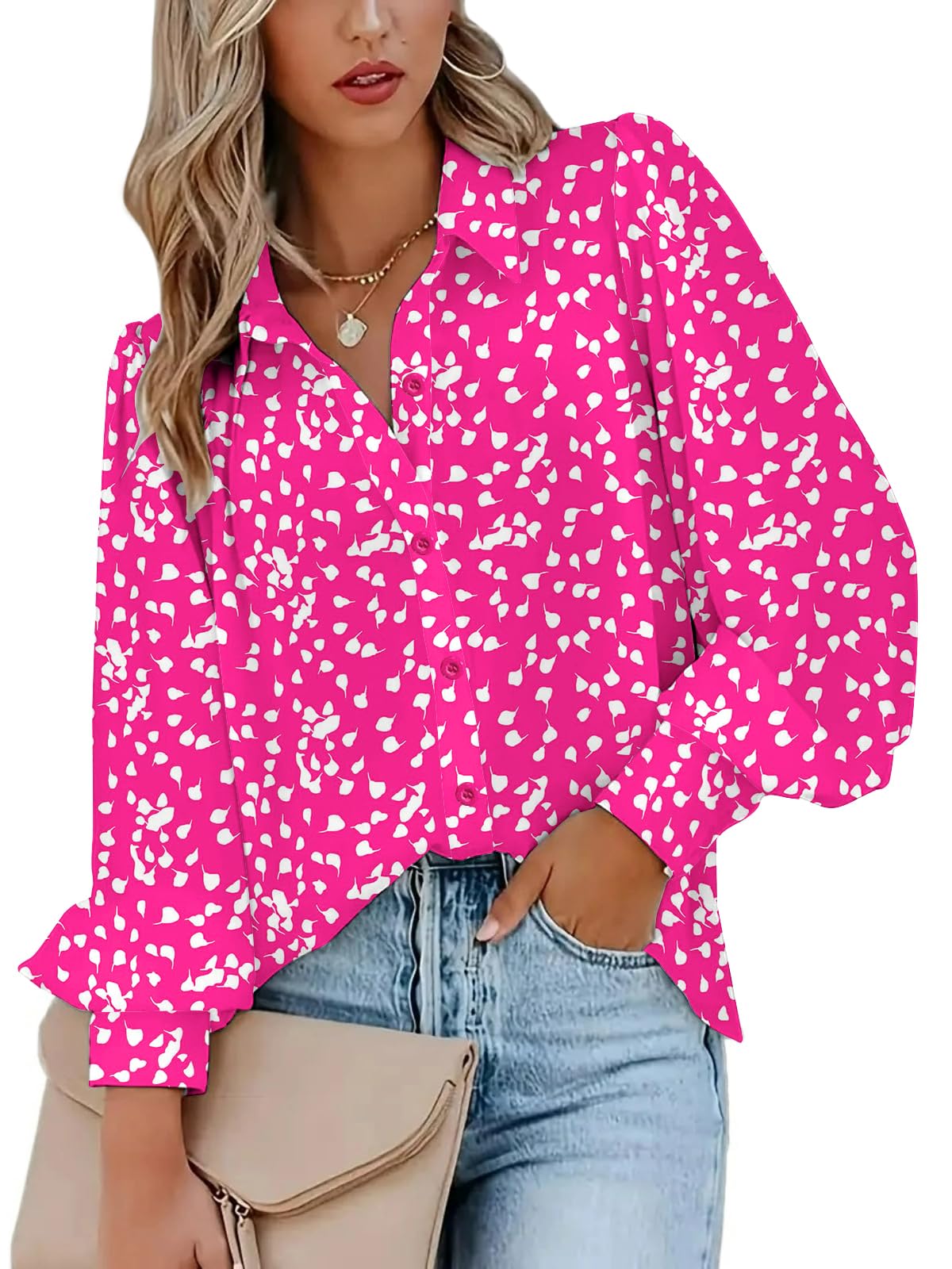Womens Button Down Shirts Lantern Long Sleeve Blouse Business Casual Work Tops Floral Printed Outfits