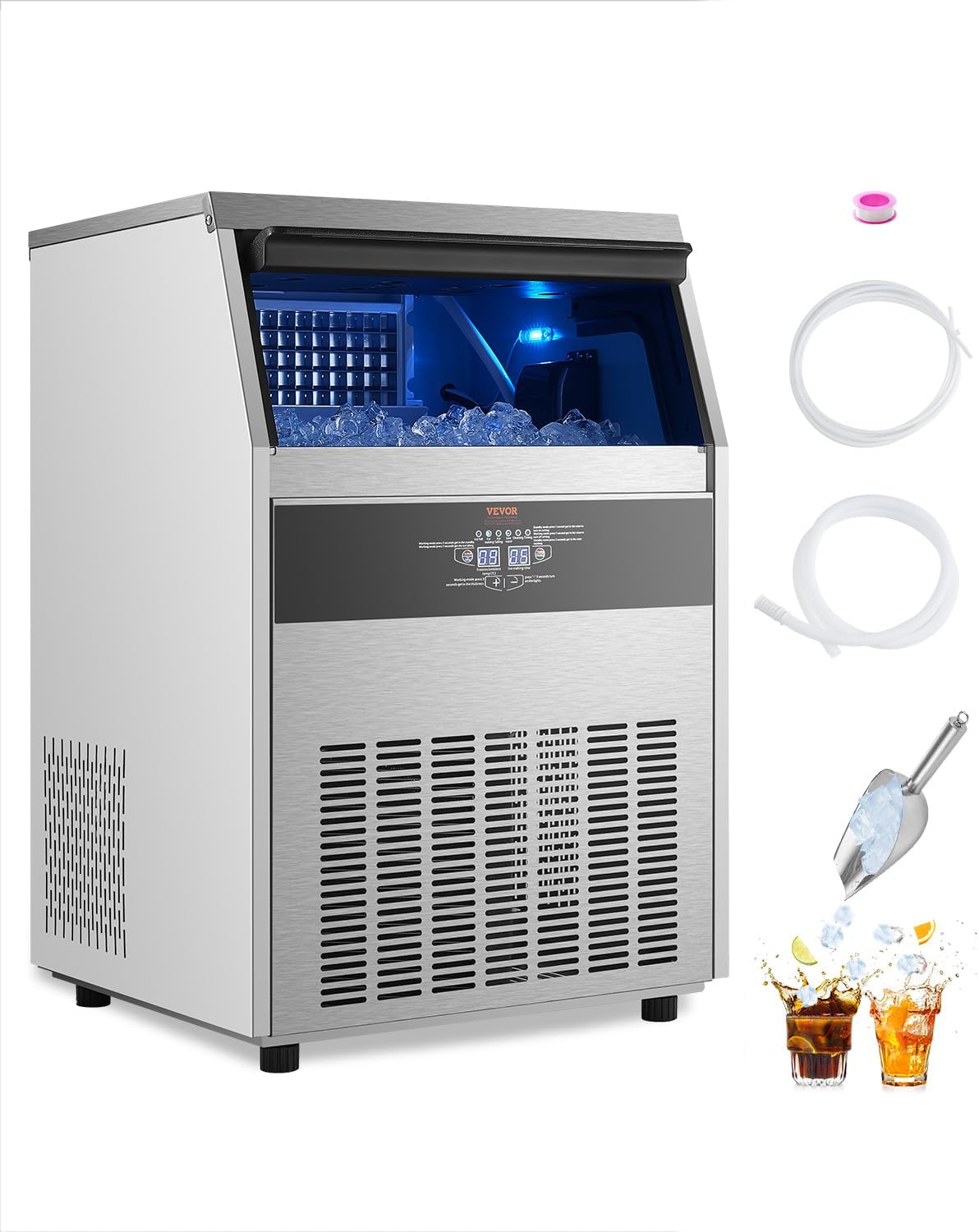 VEVOR Commercial Ice Maker Machine, 200lbs/24H Ice Maker Machine with 66lbs Storage Capacity, 108 Ice Cubes in 15 Minutes, LED Digital Display Freestanding Self-Cleaning for Bar Office Restaurant