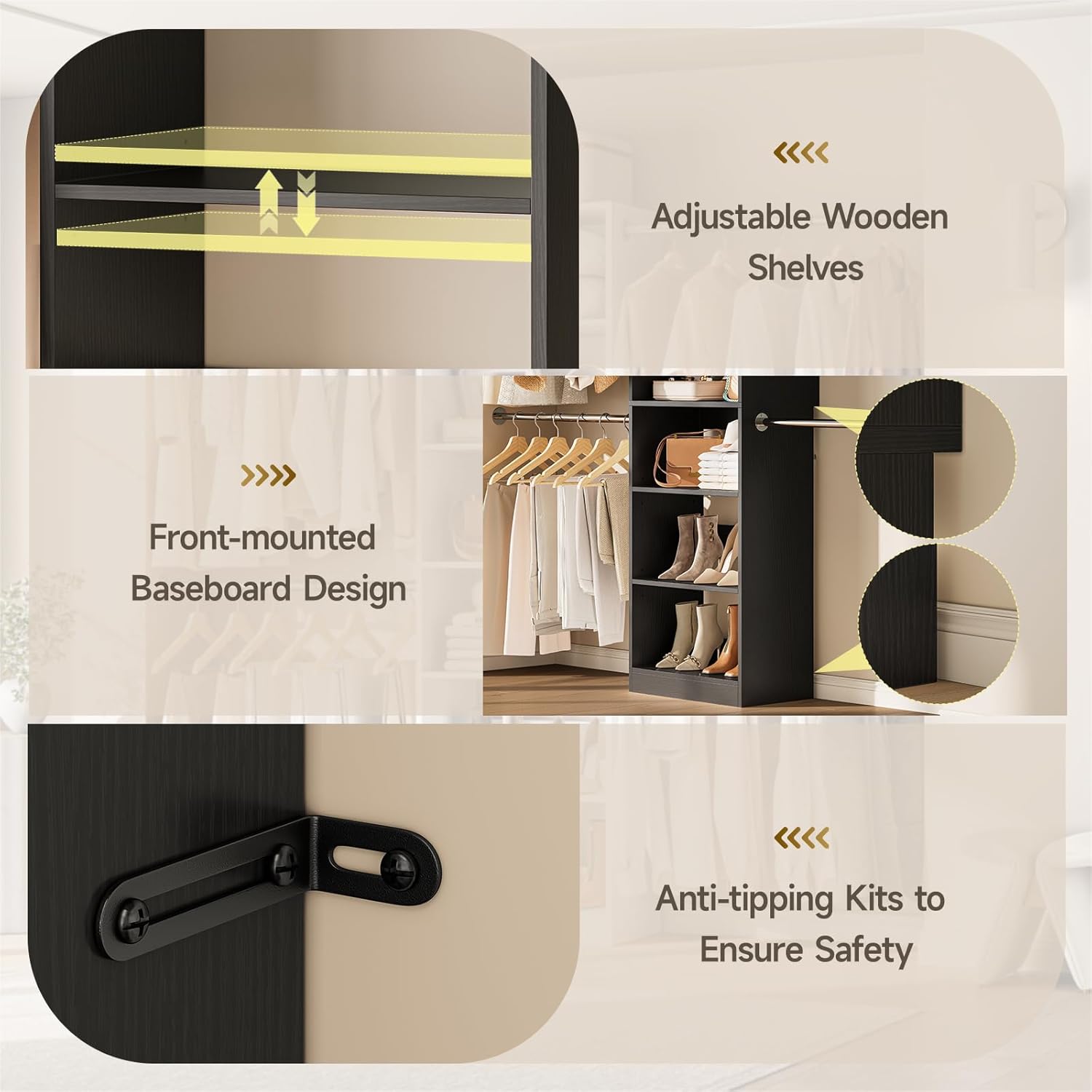 W1 Closet System, 3.5FT-7.7FT Closet Organizer System with 4 Chrome-Plated Telescopic Rods & 6 Adjustable Shelves, Custom Wood Walk-In Closet Wall-Mounted Clothing Rack, Black