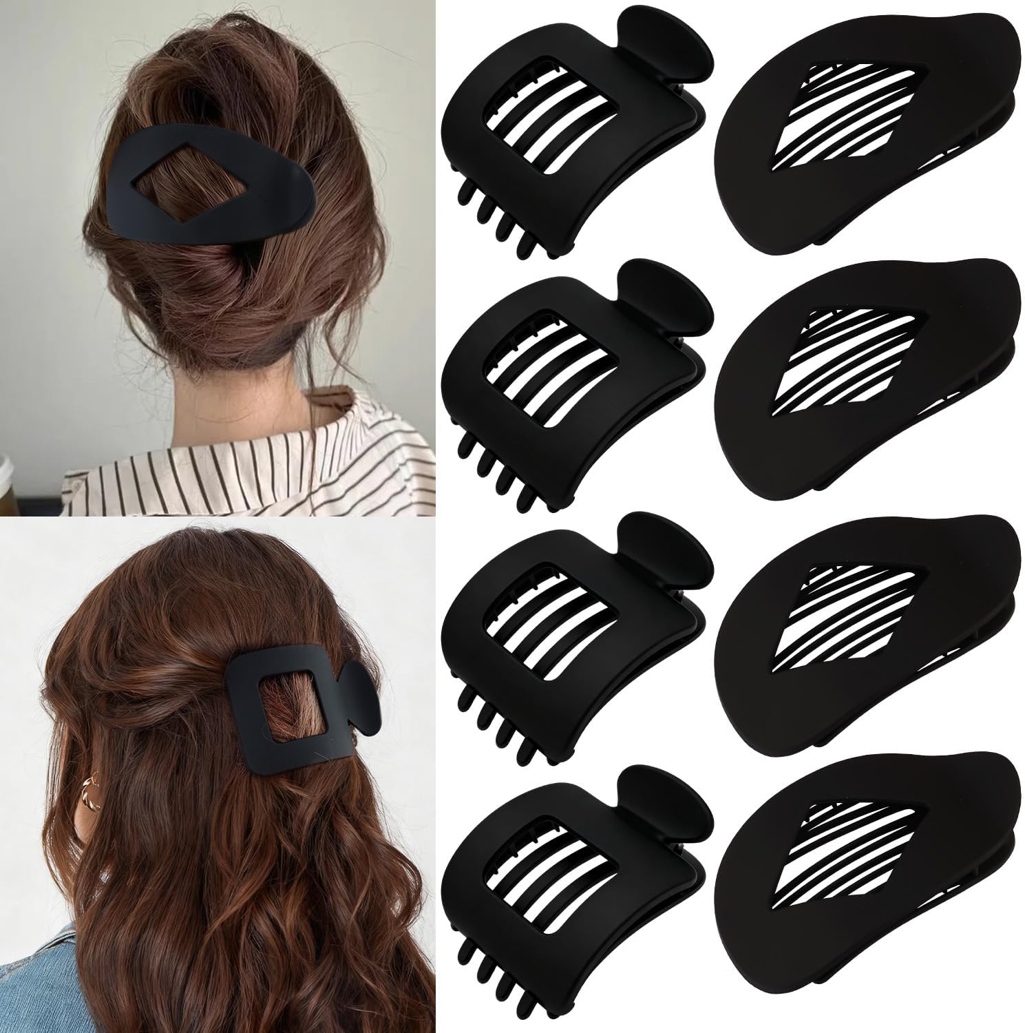 Atoden Flat Hair Clips Large Claw Clips for Thick Medium Thin Hair 8Pcs Square and Round Oval Non Slip Strong Hold Barrettes French Duckbill Accessories for Women Girls Matte Black Color
