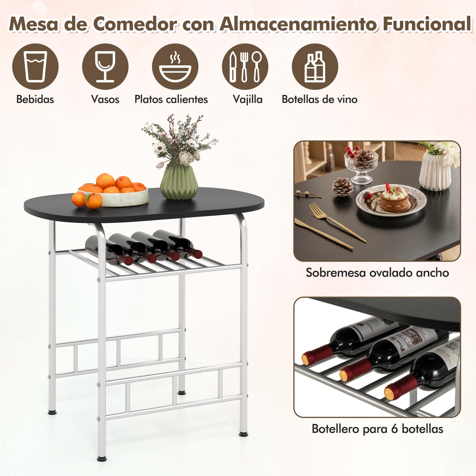 GIANTEX Juego de Comedor de 3 Piezas, 1 Mesa Ovalada Pequeña y 2 Sillas con Respaldo, con Botellero, Tablero de Mesa con Ventas de Madera, Marco de Metal, Ahorro Espacio (Negro+Plata)