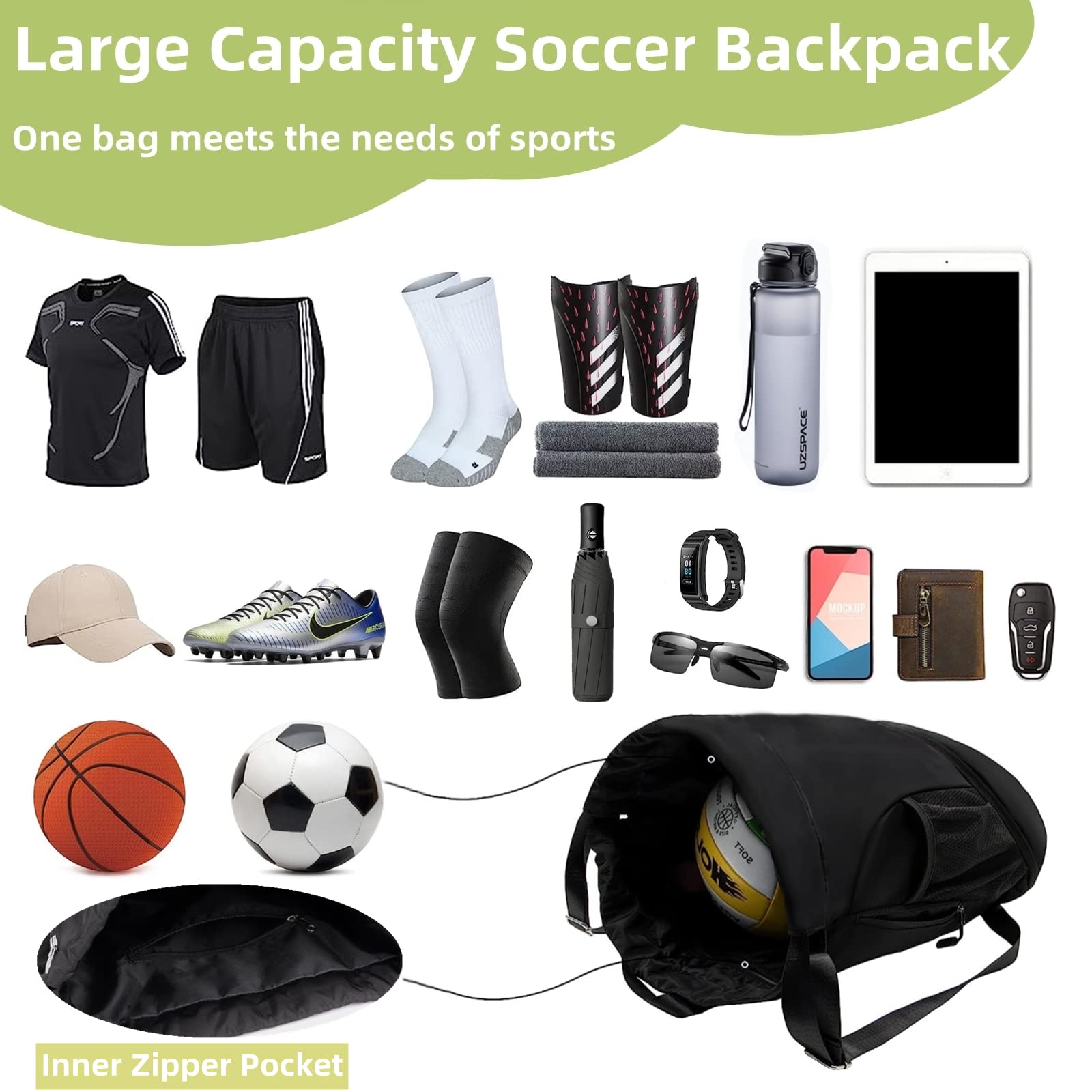 Soccer Bags, Waterproof Drawstring Gym Backpack for Baskestball Rugby Volleyball Yoga, Large Capacity Sports Bag