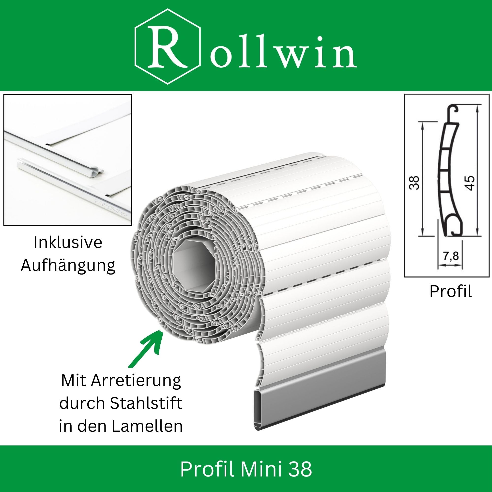 ROLLADEN PVC Mini 38 Weiss Ungebohrte Endleiste Rolladenpanzer Kunststoff Lamelle mit Hohlleiste Rollladenfenster Rollladen DEUTSCHE Produktion zum Einbauen Hier Konfigurieren »»