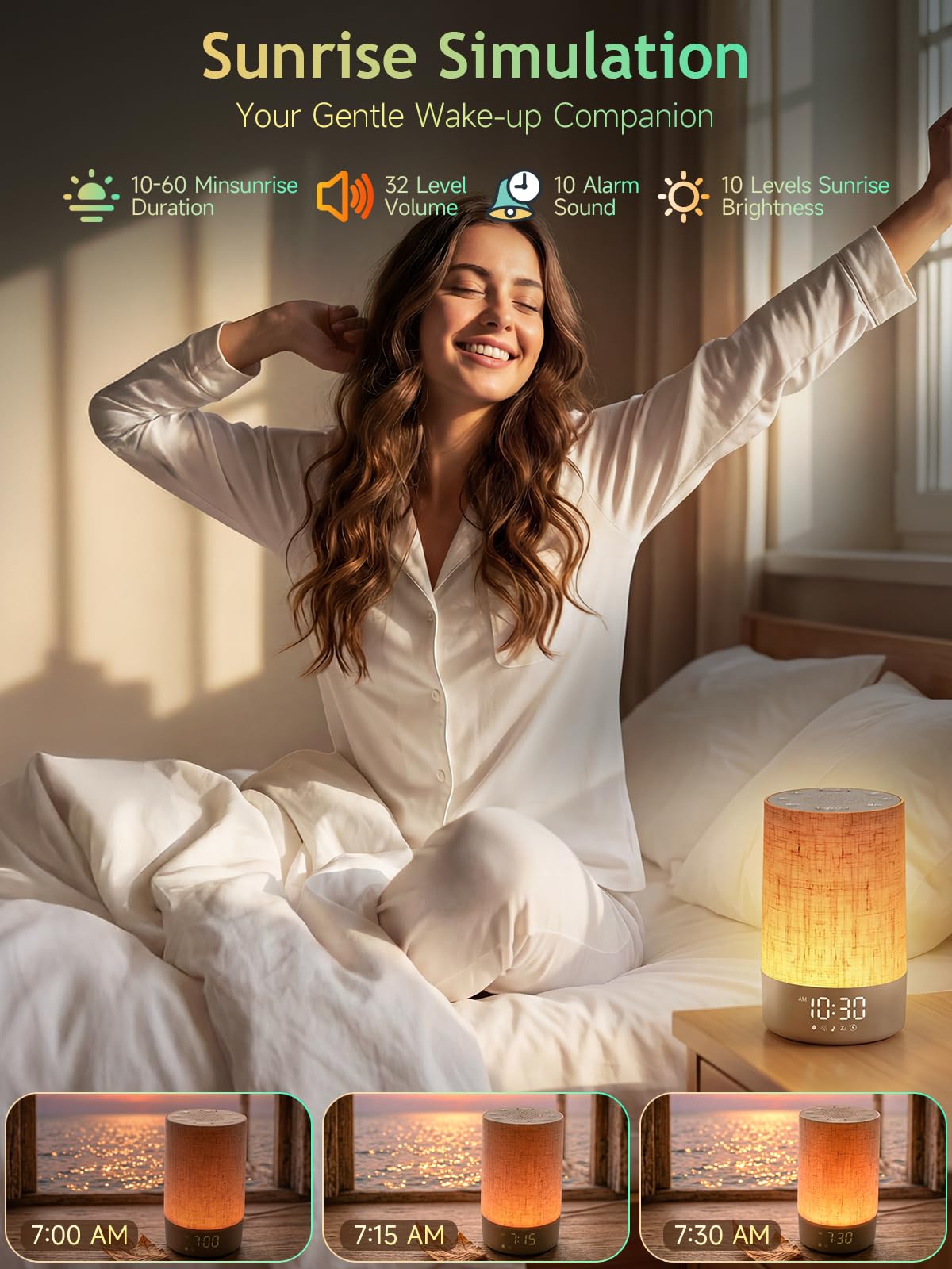 Réveil Lumineux Simulateur d'Aube, Lampe de Reveil avec 30 Sons pour Dormir, LED Lampe de Chevet à Intensité Variable, Fonction Charge, Snooze, Minuteur, 13 Niveaux de Luminosité, pour Chambre