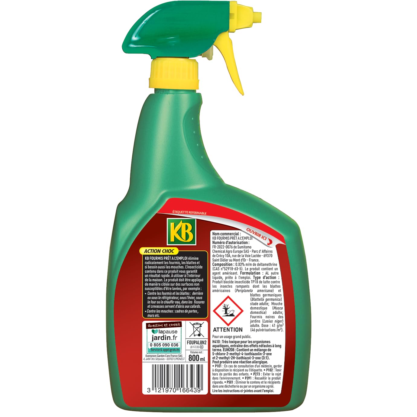 KB FOUPAL8N2 - Pulvérisateur Anti-Fourmis Prêt à l'Emploi 800 ml - Elimine radicalement et durablement fourmilières et fourmis noires - Produit 2 en 1, action choc et forme une barrière de protection