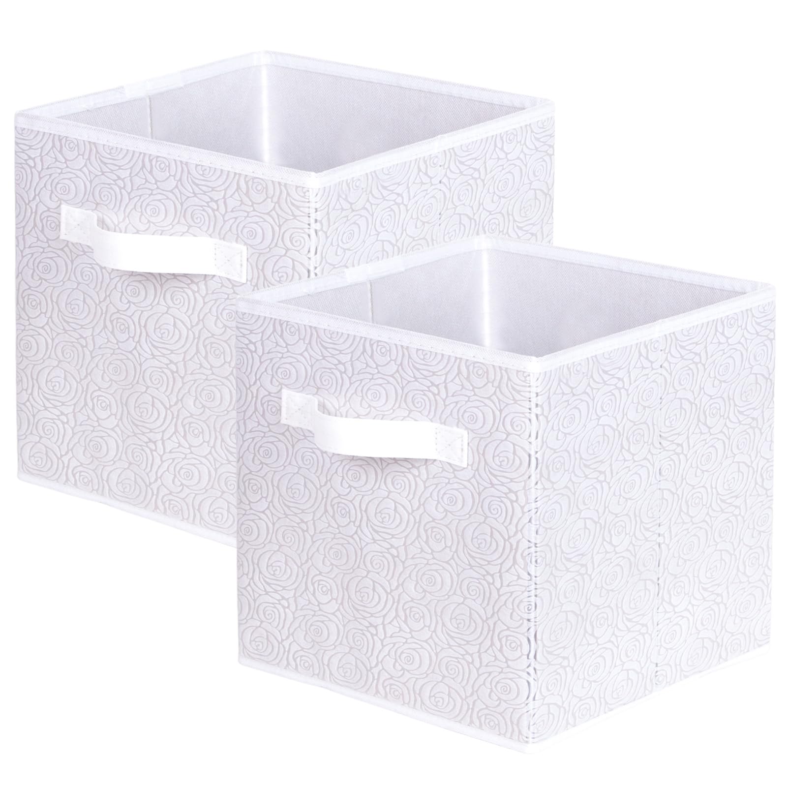 powerking Fabric Storage Box Bins, 2 Pack Foldable Cloth Storage Cube Organizer Drawer with 3D Embossed Rose Pattern For Closet And Toys Storage,27x27x28cm,White