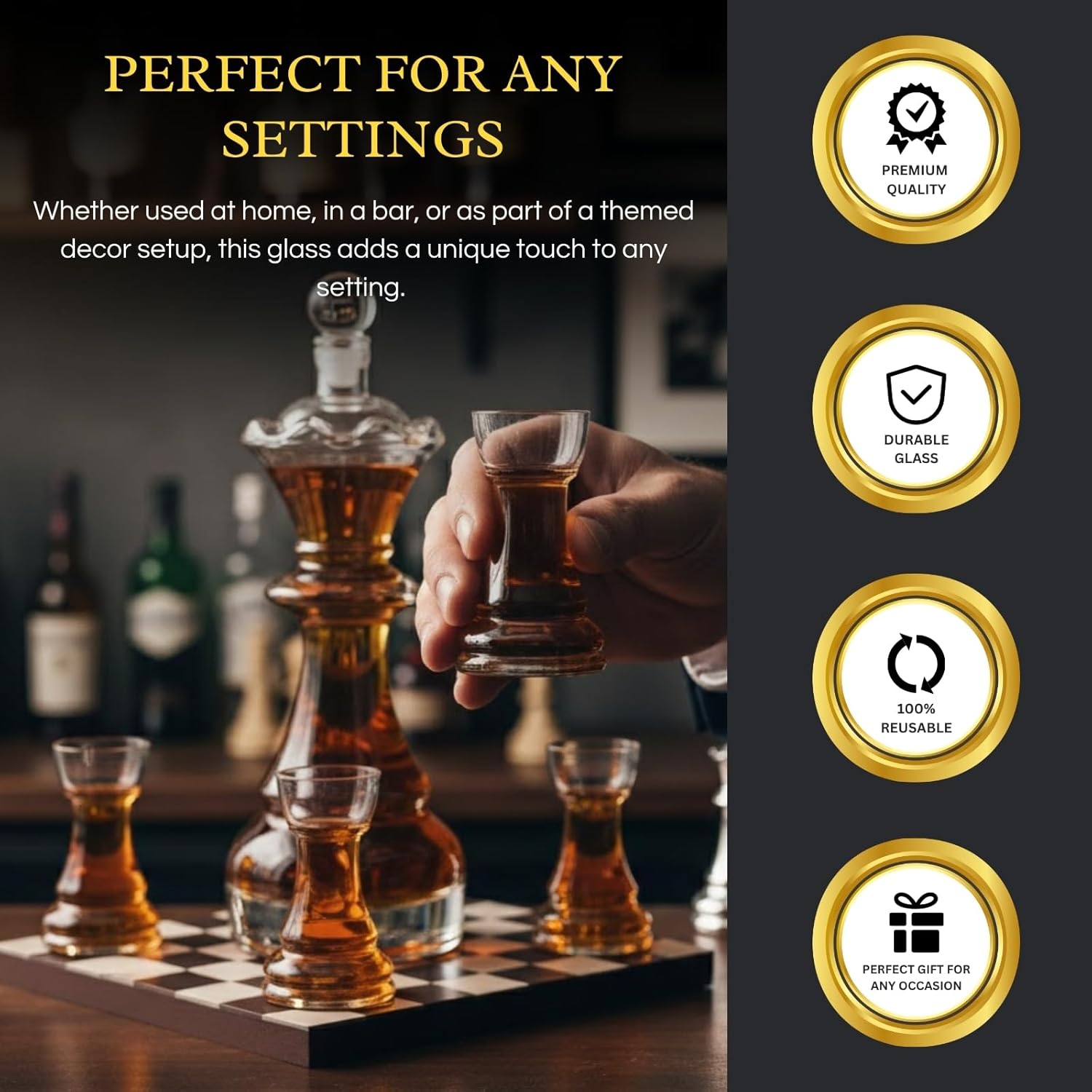 Chess Gift Decanter Set by The Wine Savant - Queen Chess Decanter 750ml 12" H With 4 Rook Shot Glasses 4oz - Queen's Gambit, Chess Player Gifts, Whiskey, Wine Lovers Gifts for Dad, Him, Her, Men