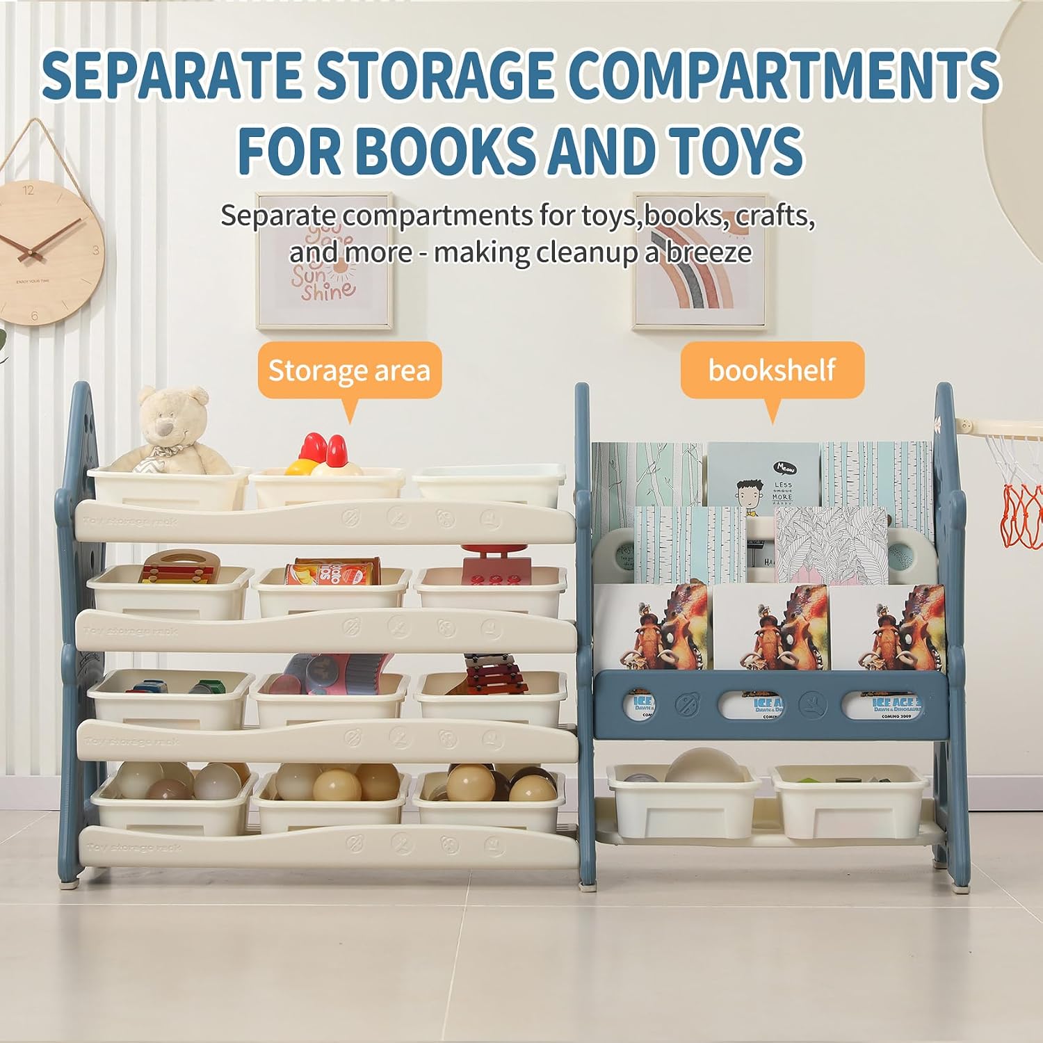 UNICOO® Kids Tree House Design Kids Bookshelf and Toy Storage Organizer, 3-Tier Bookshelves with 4-Tier Storage Rack, 14 Storage Bins for Nursery, Playroom, Study Room (Blue & Cream)