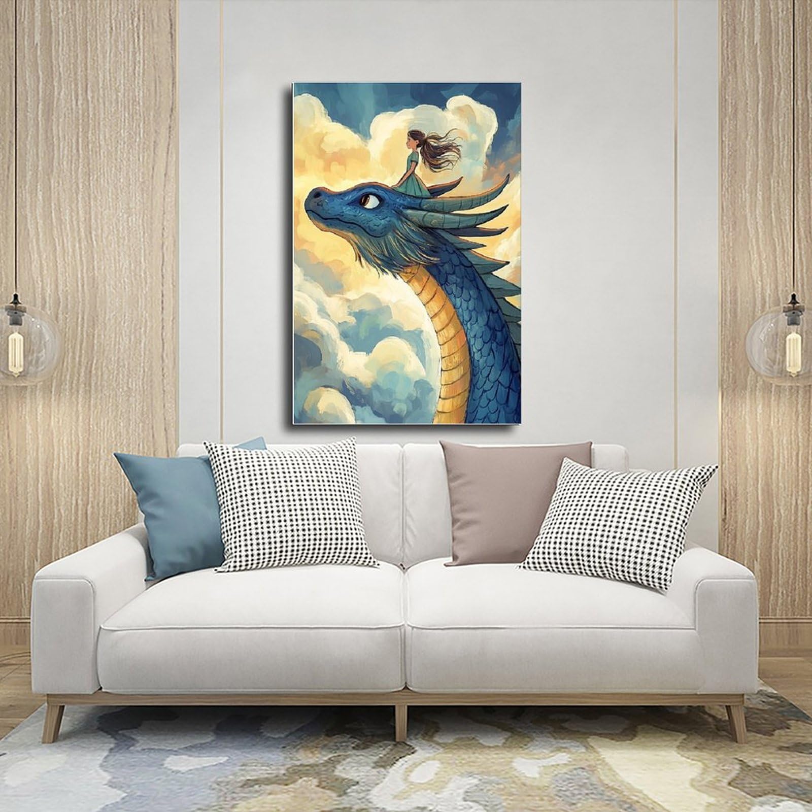 Poster su tela, motivo: ragazza che cavalca un drago, decorazione per