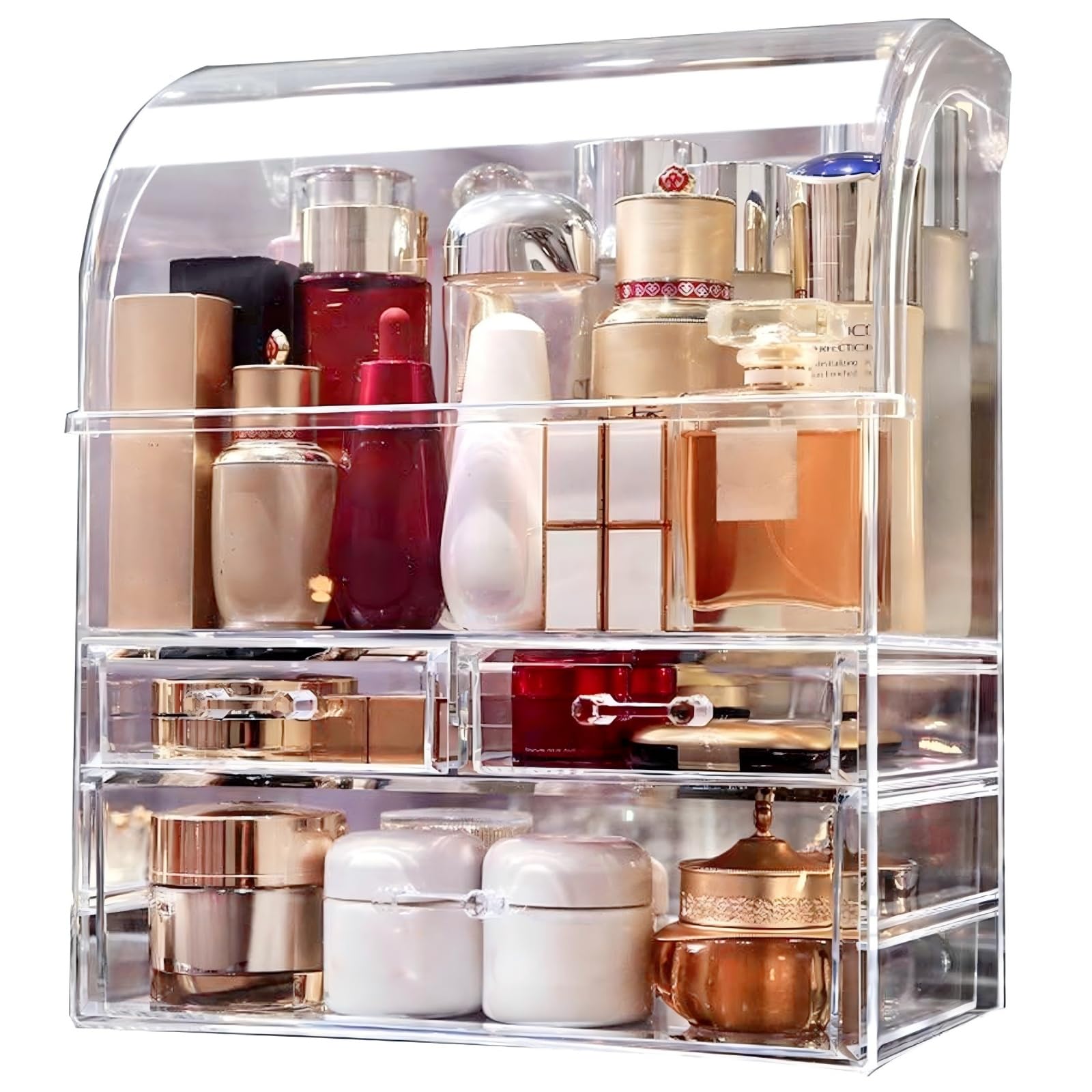 Suyoo Makeup Organiser Storage, X-Large Acrylic Clear Cosmetics Storage Display Case with Drawers, Perfume Makeup Organiser Box with Waterproof Cover for Counter, Bathroom, Dresser(Clear-XL)