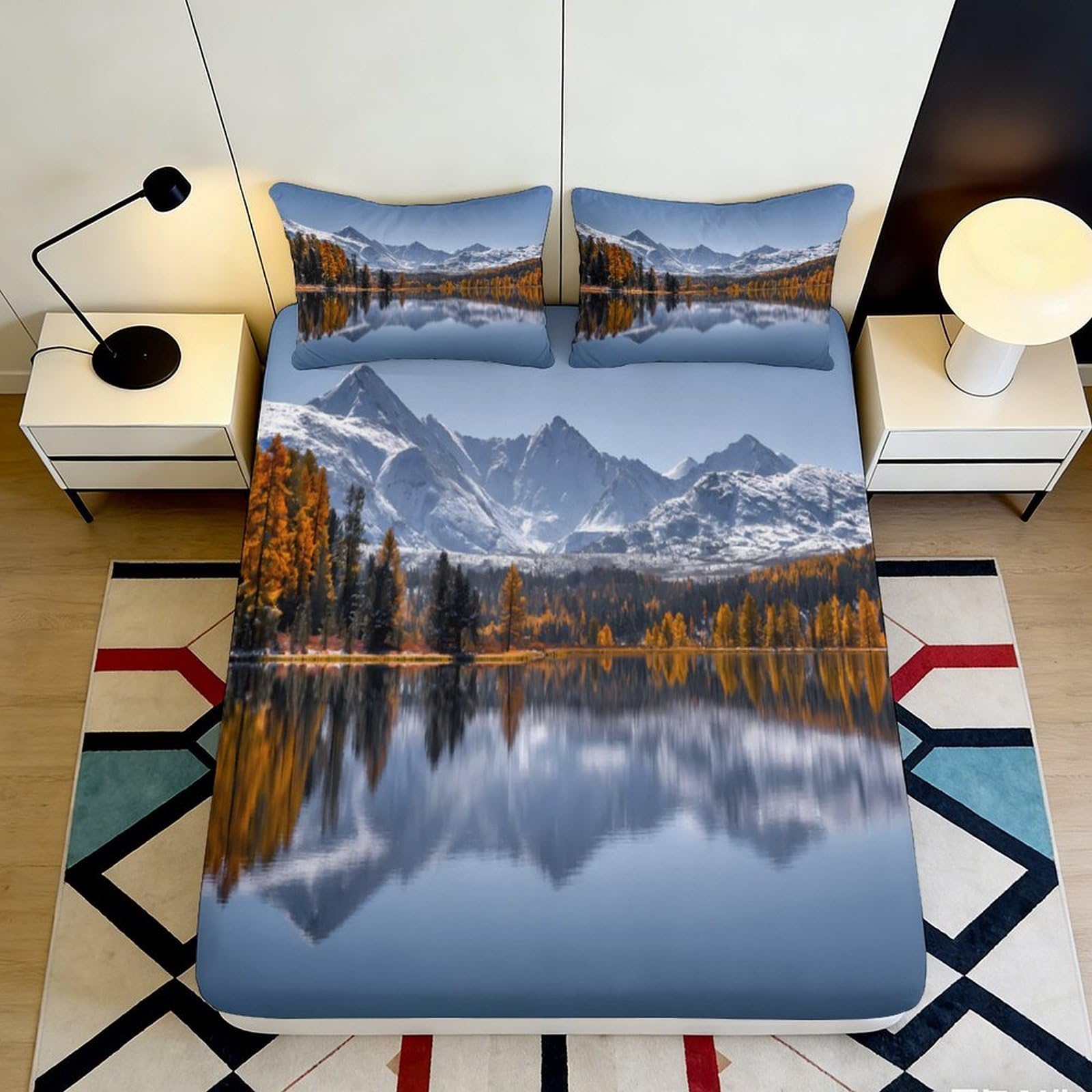 3D Printed Autumn Mountain Fitted Sheet Microfiber Soft Breathable Snowy Peaks Bed Cover for Bedroom Dormitory Guest Room Mattress Protection Decor 140x200x25cm