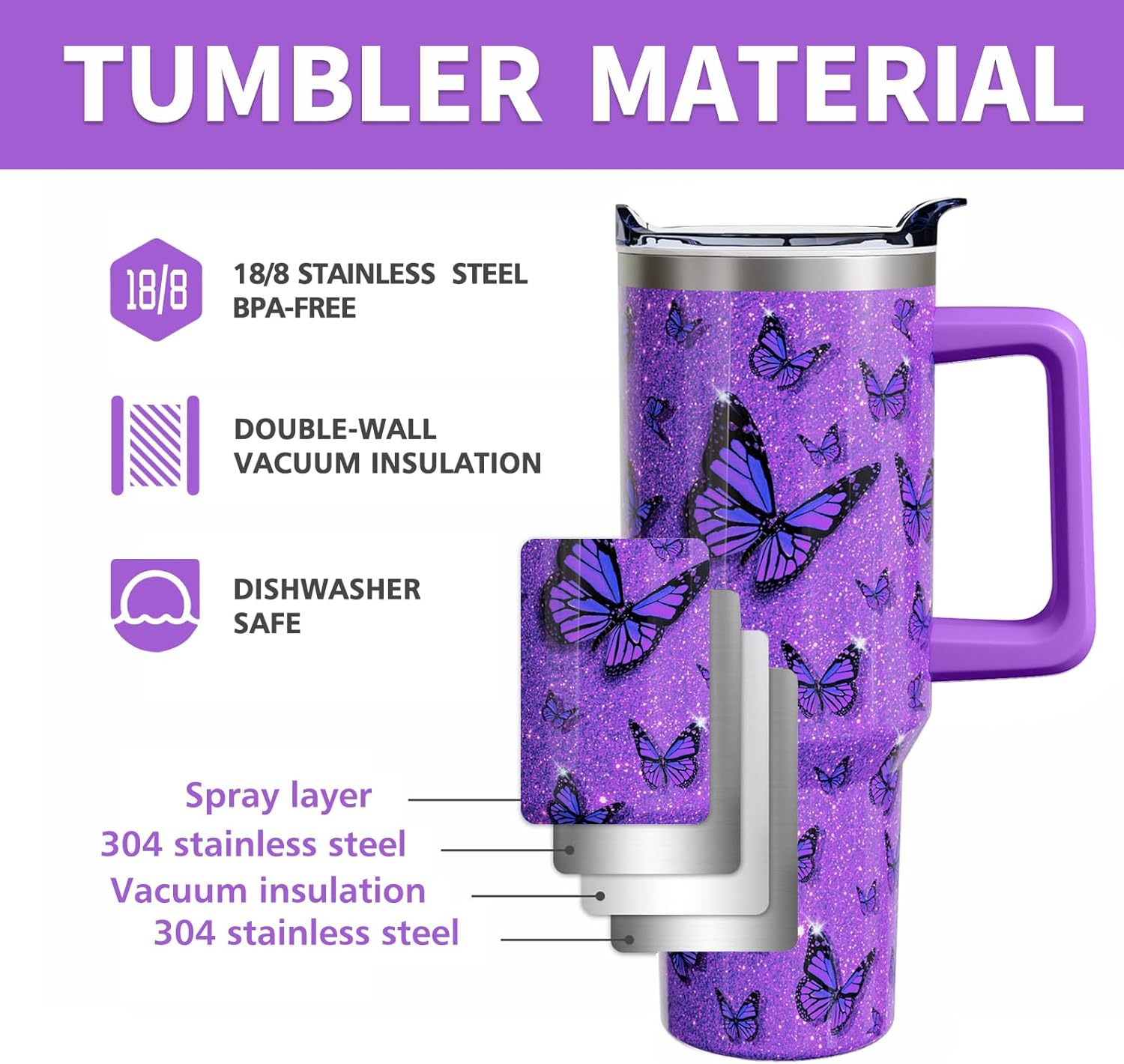 Butterfly Gifts 40 Oz Tumbler with Handle and Straw Lid, Stainless Steel Insulated Cup, Water Bottle Mug for Women Men - Image 4