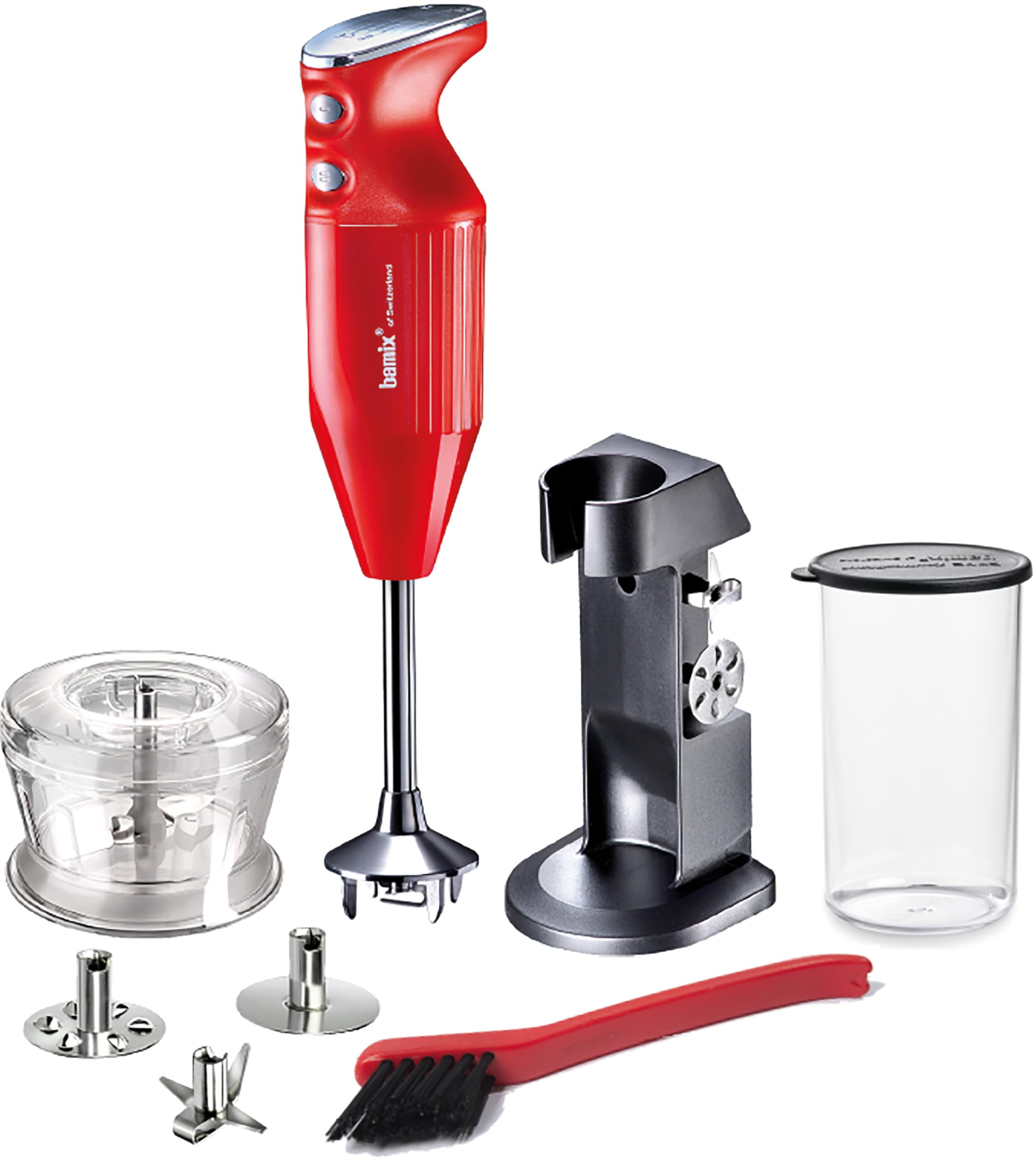 bamix Zestaw blendera ręcznego M200 Chef's Favorite ze stojakiem, 1 kubkiem, 3 końcówkami, hakerem, szczotką do czyszczenia, 200 W, wyprodukowano w Szwajcarii, czerwony/chrom