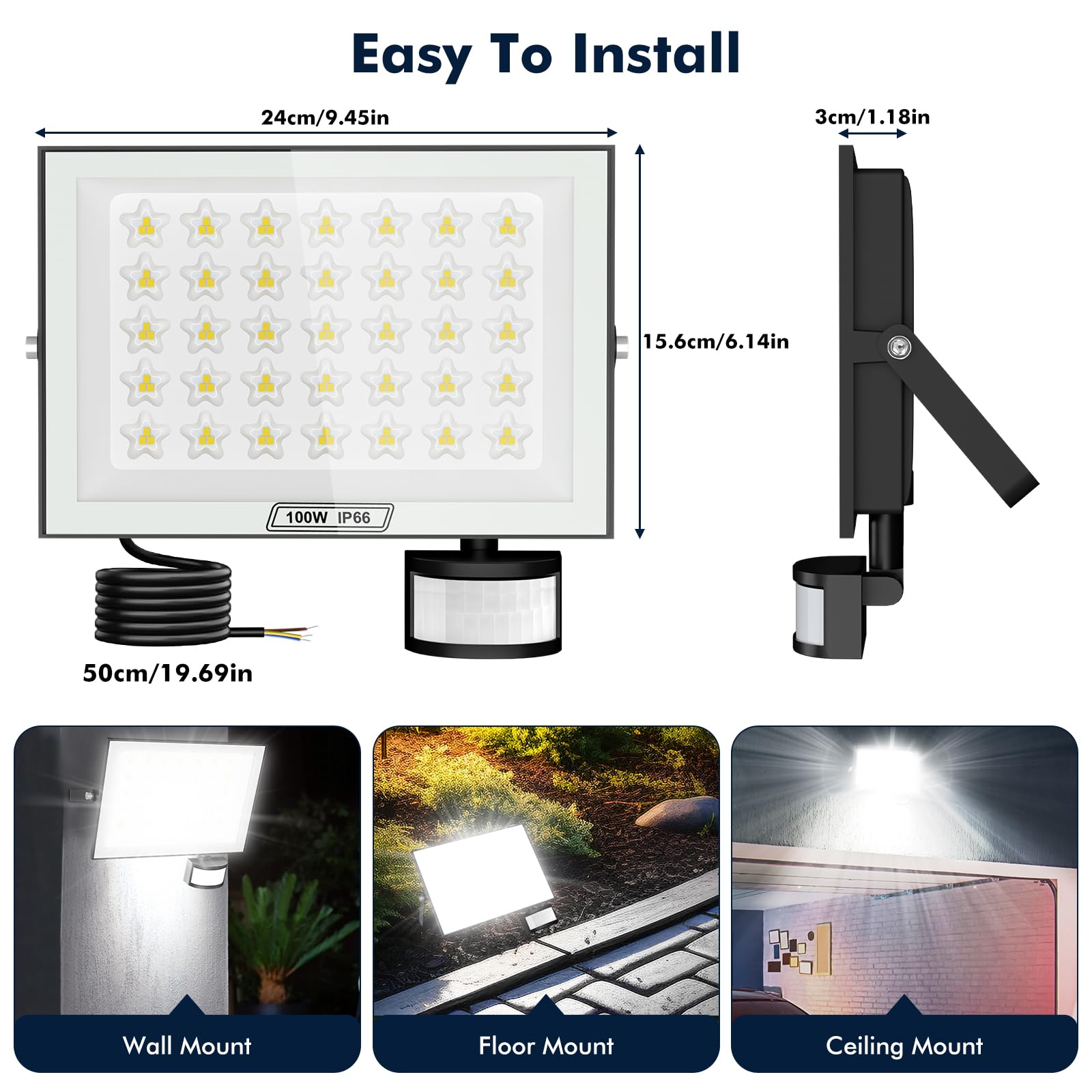 Faretto LED da 100W con Sensore di Movimento di Luce e Telecomando Temporizzato Faretto da Esterno Dimmerabile Bianco Freddo 6500K Proiettore Impermeabile IP66 per Giardino e Garage