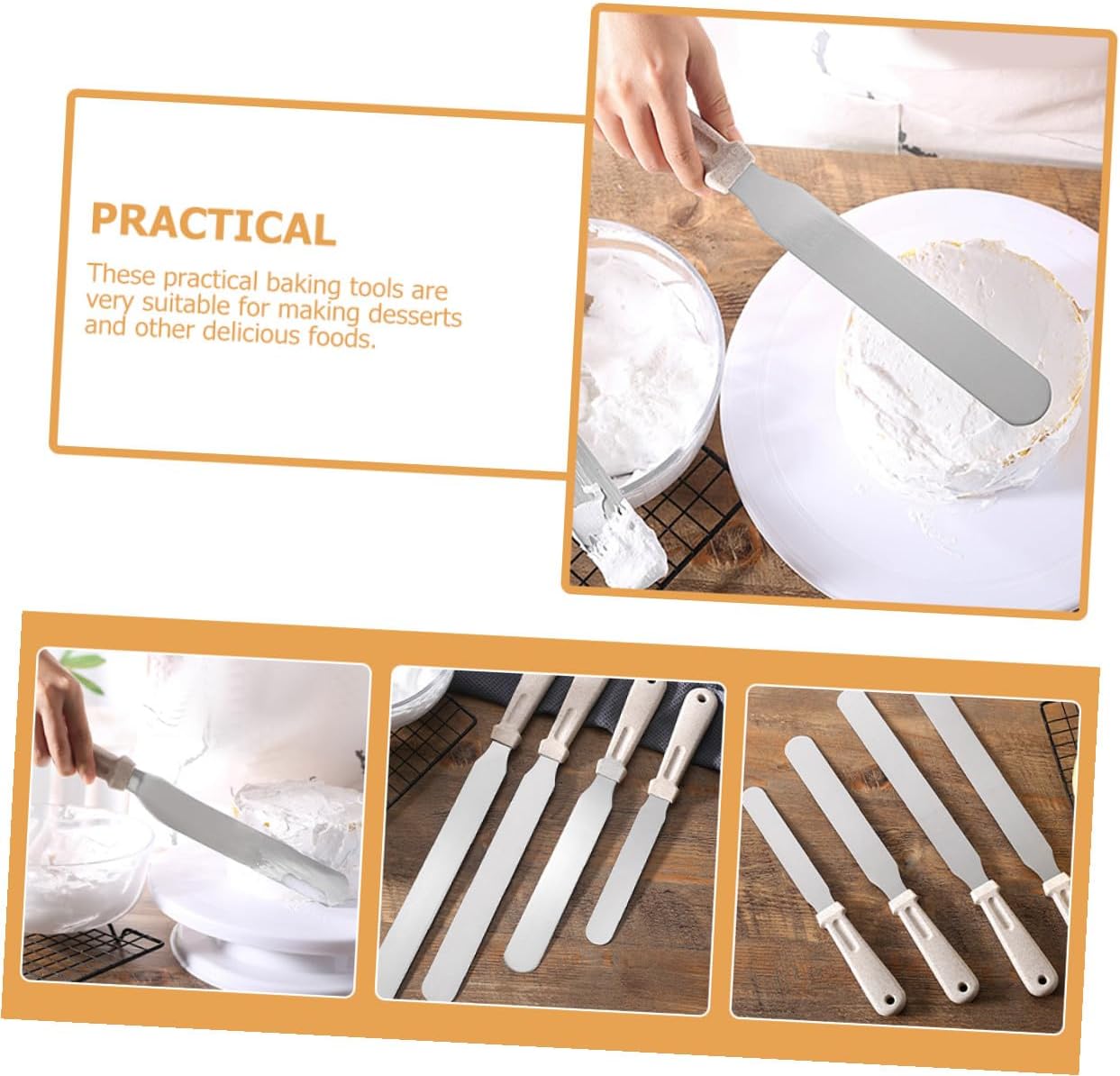 3pcs Cake Scrapers for Kitchen, Stainless Steel Wheat Straw