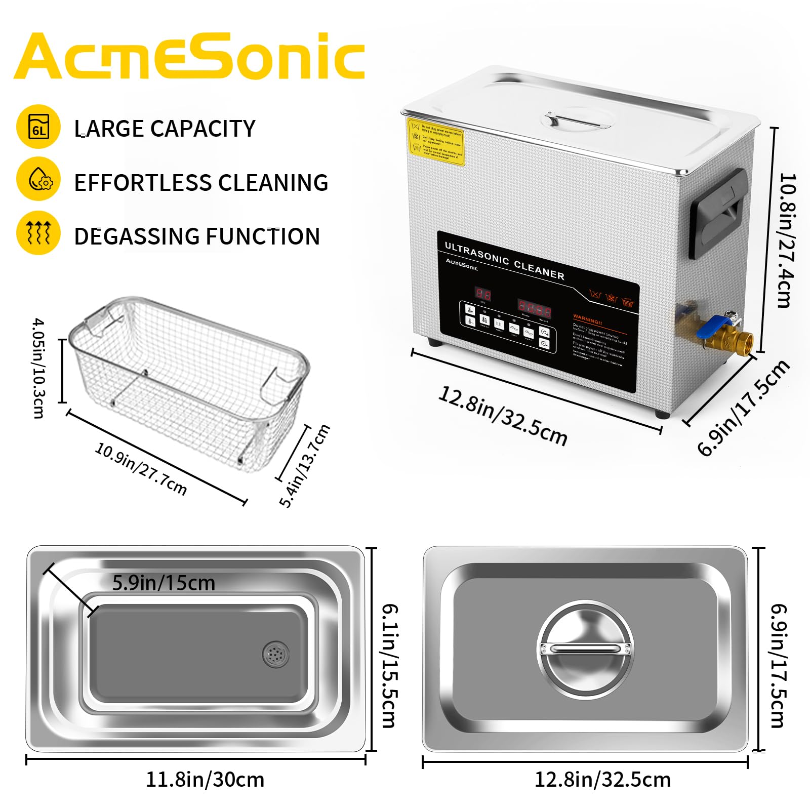 Pulitore ad ultrasuoni da 6 l, a doppia frequenza, professionale, in acciaio inox, con timer riscaldante, per protesi, monete, piccole parti metalliche, circuiti, strumenti di laboratorio