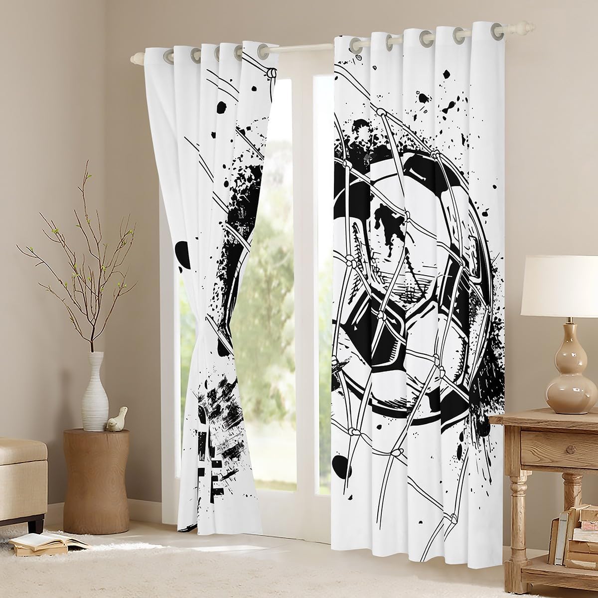 Erosebridal Kids Football Window Curtain Panels American Soccer Window Drapes Sports Games Curtains for Boys Girls Children Geometric Polygon Window Treatment for Living Room, Black White 76"x45"