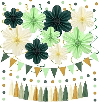 Sage Green Birthday Decoration Green Plant Party Decorations Set | with Hanging Paper Flowers Tassel Garland and Swirls Sage Green Party Decoration for Women Girls Classroom Party Decor