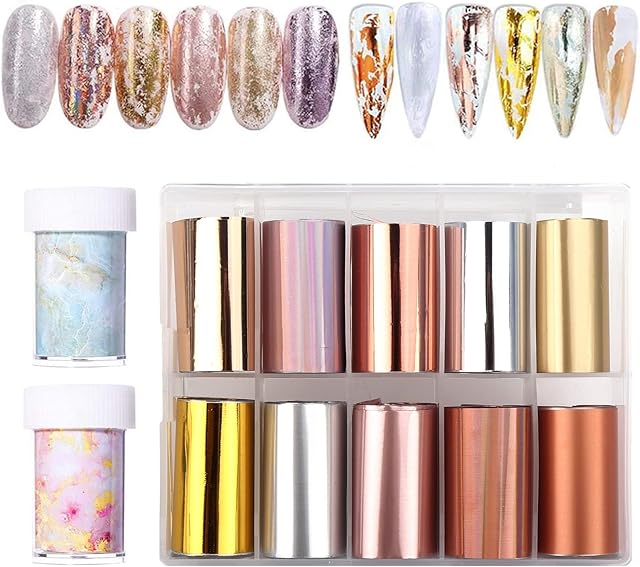 Yokilly 12 Rolls Nail Foil Transfer Sticker,10 Rolls Metallic Color Nail Holographic Paper 2 Rolls Marble Series Nail Foils Nail Art Adhesive Sticker for Manicure Gel DIY Nails Tips Decorations