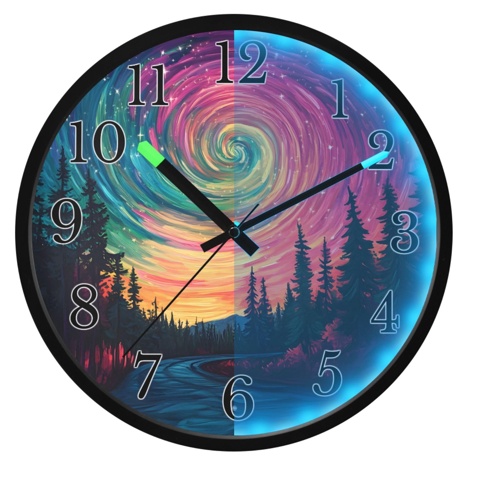 Mnsruu Star Swirl Road Forest Night - Reloj de pared luminoso para dormitorio, funciona con pilas, silencioso, brilla en la oscuridad, para sala de estar, cocina, 12 pulgadas
