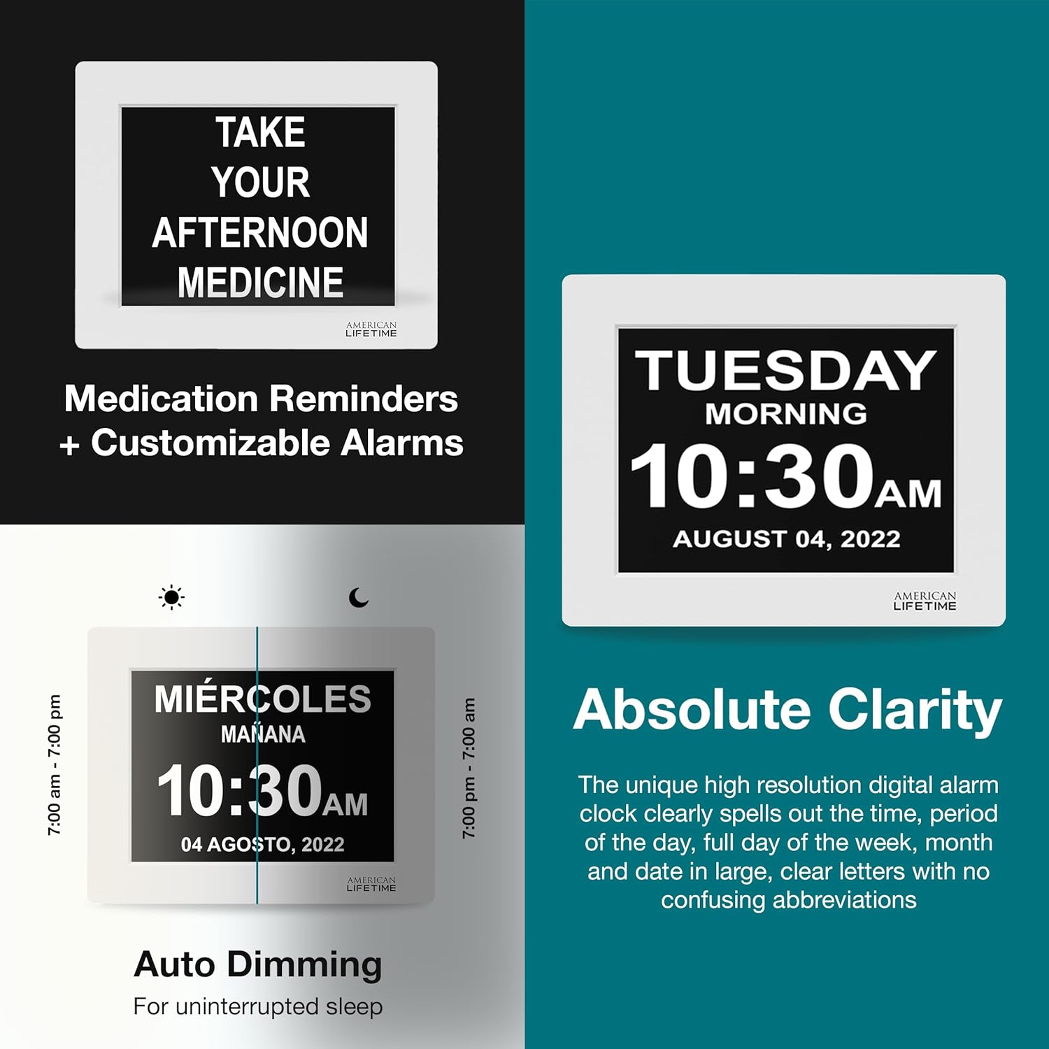 American Lifetime New 2026 Dementia Clock Large Digital Clock for Seniors, Large Display with Custom Alarms, Calendar Clock with Day & Date for Elderly, Clear Numbers Alzheimer Digital Clock White