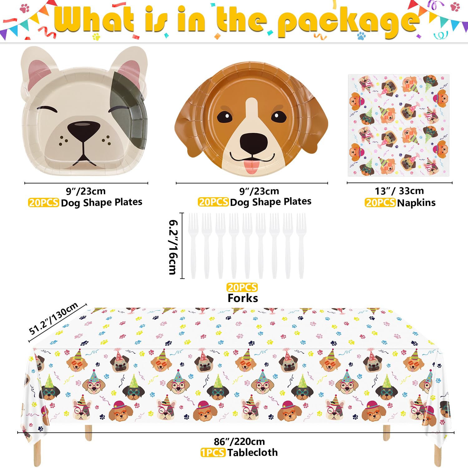 Hegbolke 81 Pcs Dog Party Decorations - Including Plates, Napkins, Puppy Tablecloth, Black Plastic Forks for Kids Puppy Dog Themed Birthday Party Supplies, Serve 20