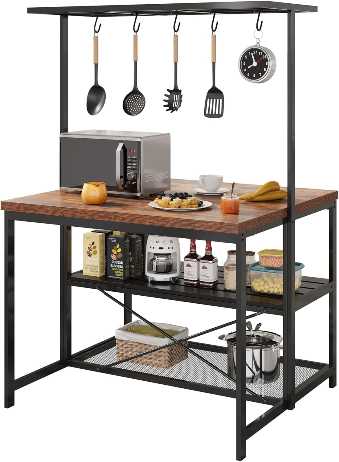 Grande supporto da cucina, supporto per forno a microonde, ripiano portaoggetti da cucina a 3 livelli, 5 ganci, tavolino in metallo per sala da pranzo o soggiorno, 106 x 71 x 183 cm