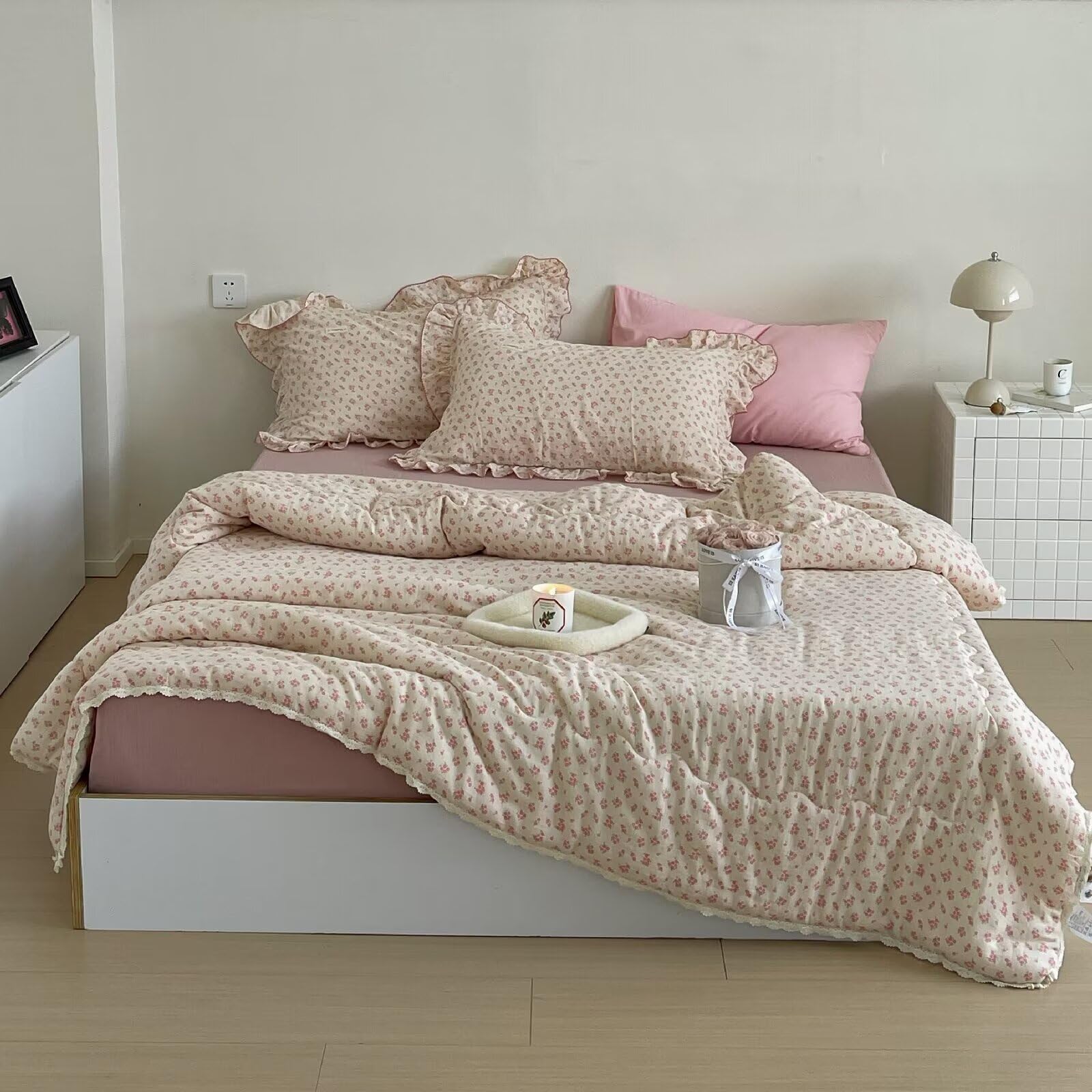 BuLuTu Pink Floral Kids Quilts Full Bed Comforter for Girls Teens Cotton Muslin Quilted Blanket with Chic Lace Edges Reversible Galsang Flower Pattern Quilt, 1 Piece, 79"x90"