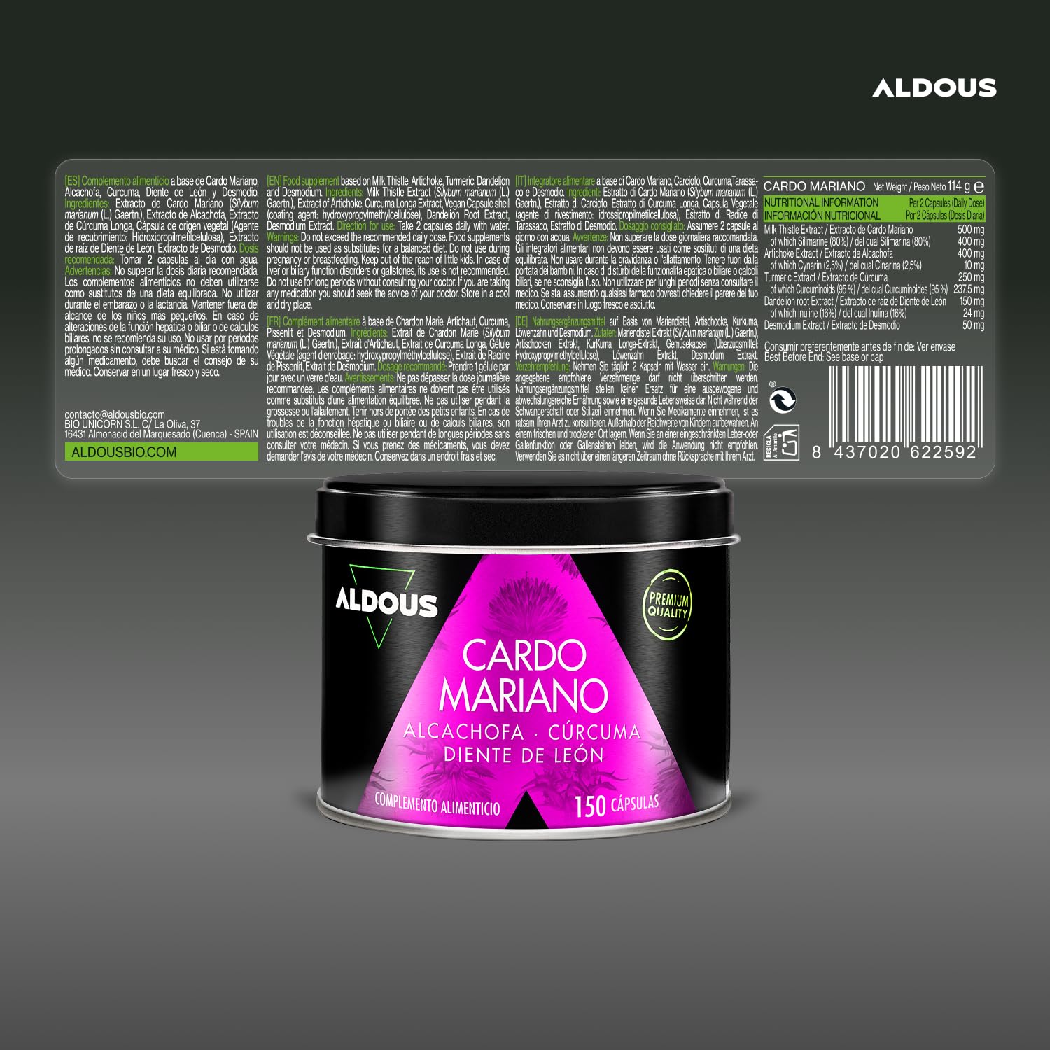 Cardo Mariano con CÚRCUMA, Alcachofa, Diente de León y Desmodium - TRIPLE ACCIÓN - 150 Cápsulas Detox - Máxima dosis Depurativa con 80% de Silimarina - Detox Higado, Mejora digestión - ALDOUS