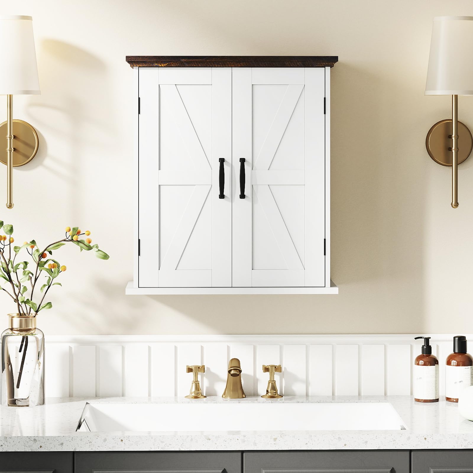 COSTWAY Mobile da Parete per Bagno, Mobiletto Salvaspazio Farmhouse per Farmacia con 2 Ante e Ripiani Regolabili, Specchio Contenitore per Soppalco Sopra il WC per Cucina, Lavanderia e Ingresso