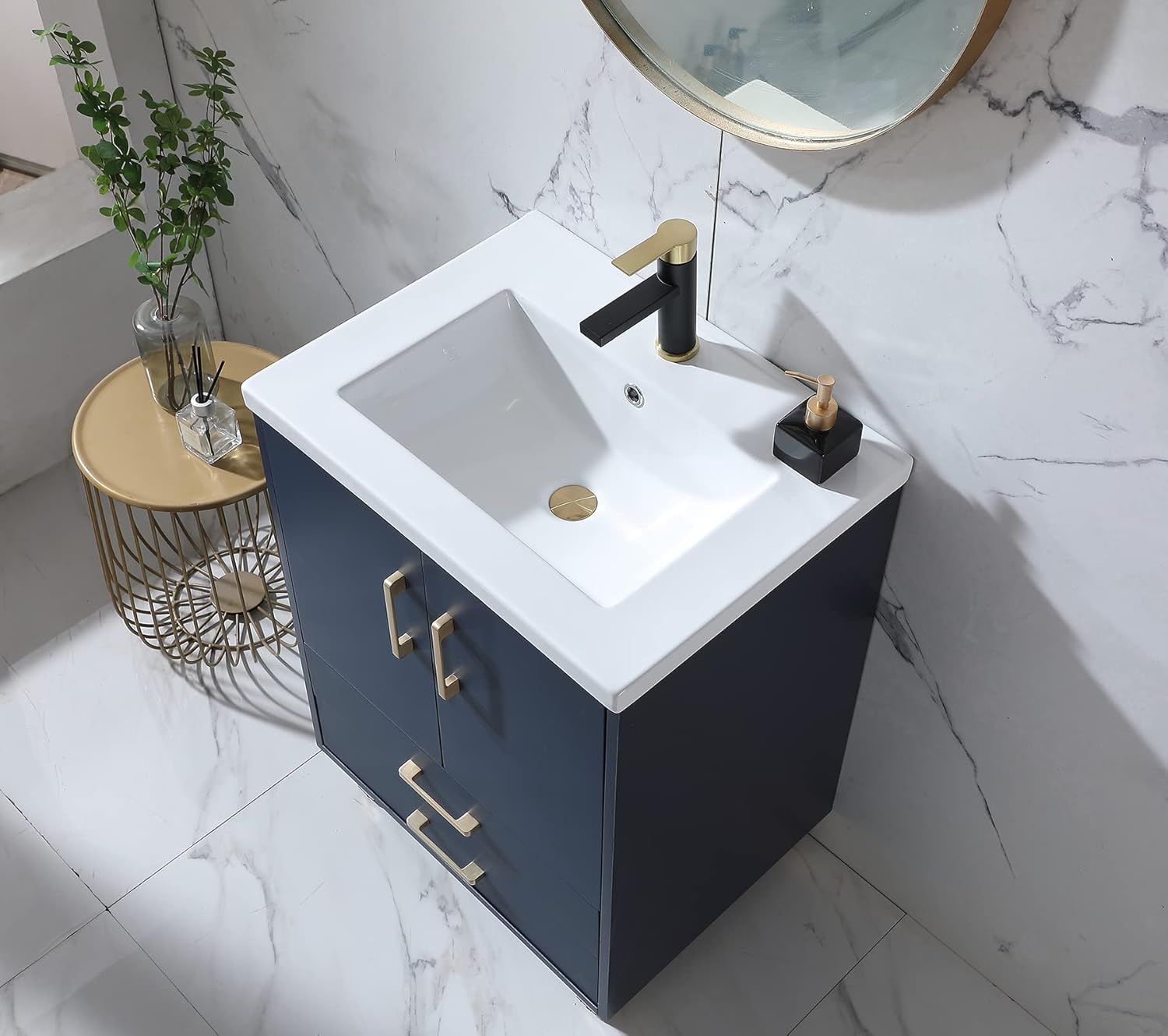 24 inch Blue Vanity with Sink, Wood Standing Bathroom Vanity Set with Ceramic Vessel Sink, 2 Doors, 2 Drawer