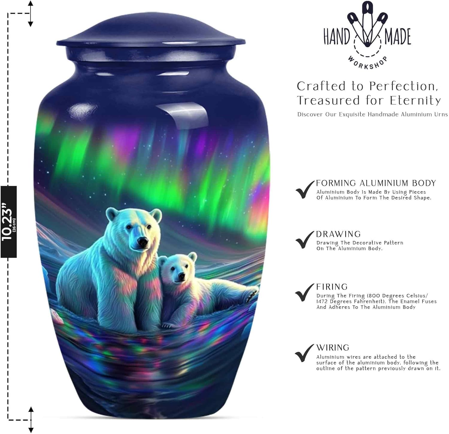 Northern Lights Polar Bear Urn for Adult Ashes Male & Female - Large & Keepsake Memorial Urns for Human Ashes - Elegant Aurora Borealis Themed Burial Urns - Decorative Urn (Large 10")